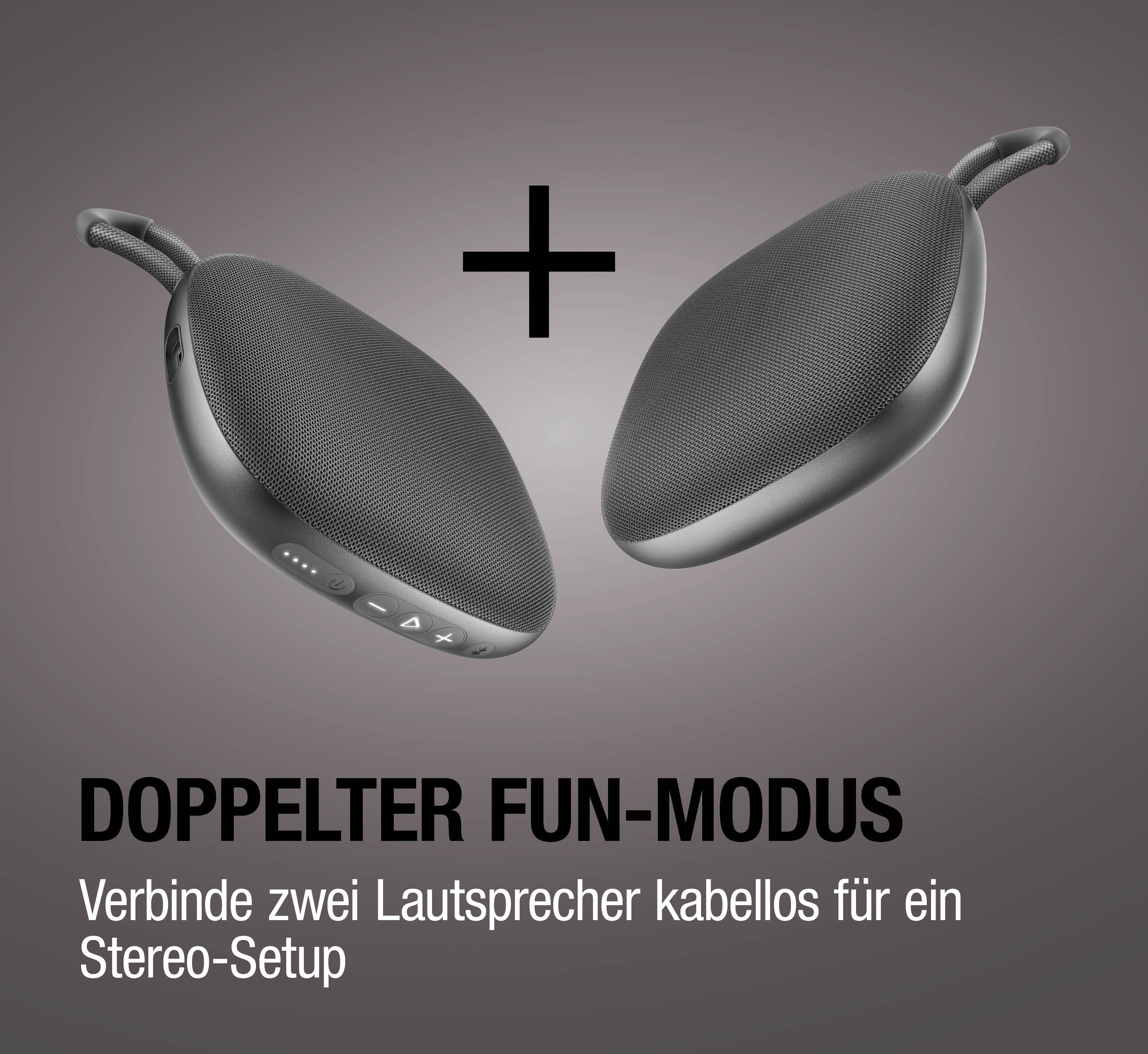 Zwei graue Lautsprecher mit Tragegriff, verbunden durch ein Pluszeichen.