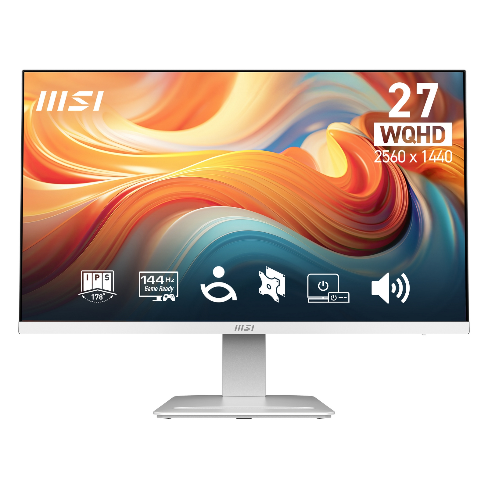 Monitor MSI WQHD da 27 pollici con pannello IPS, 144Hz e grafica astratta di sfondo.
