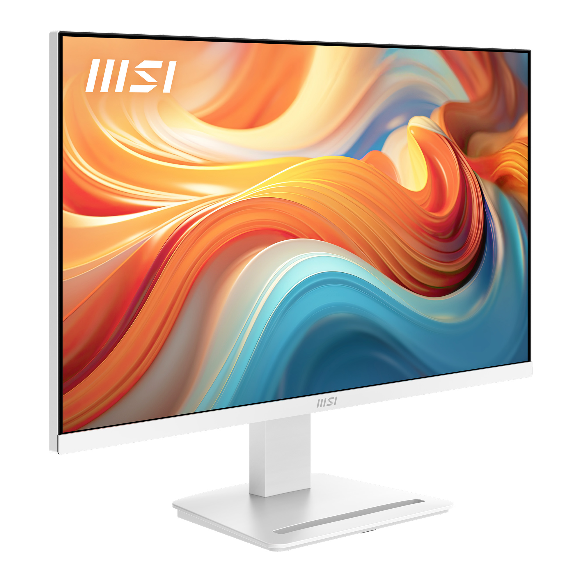 Un monitor MSI bianco con uno sfondo astratto di tonalità arancioni e blu.