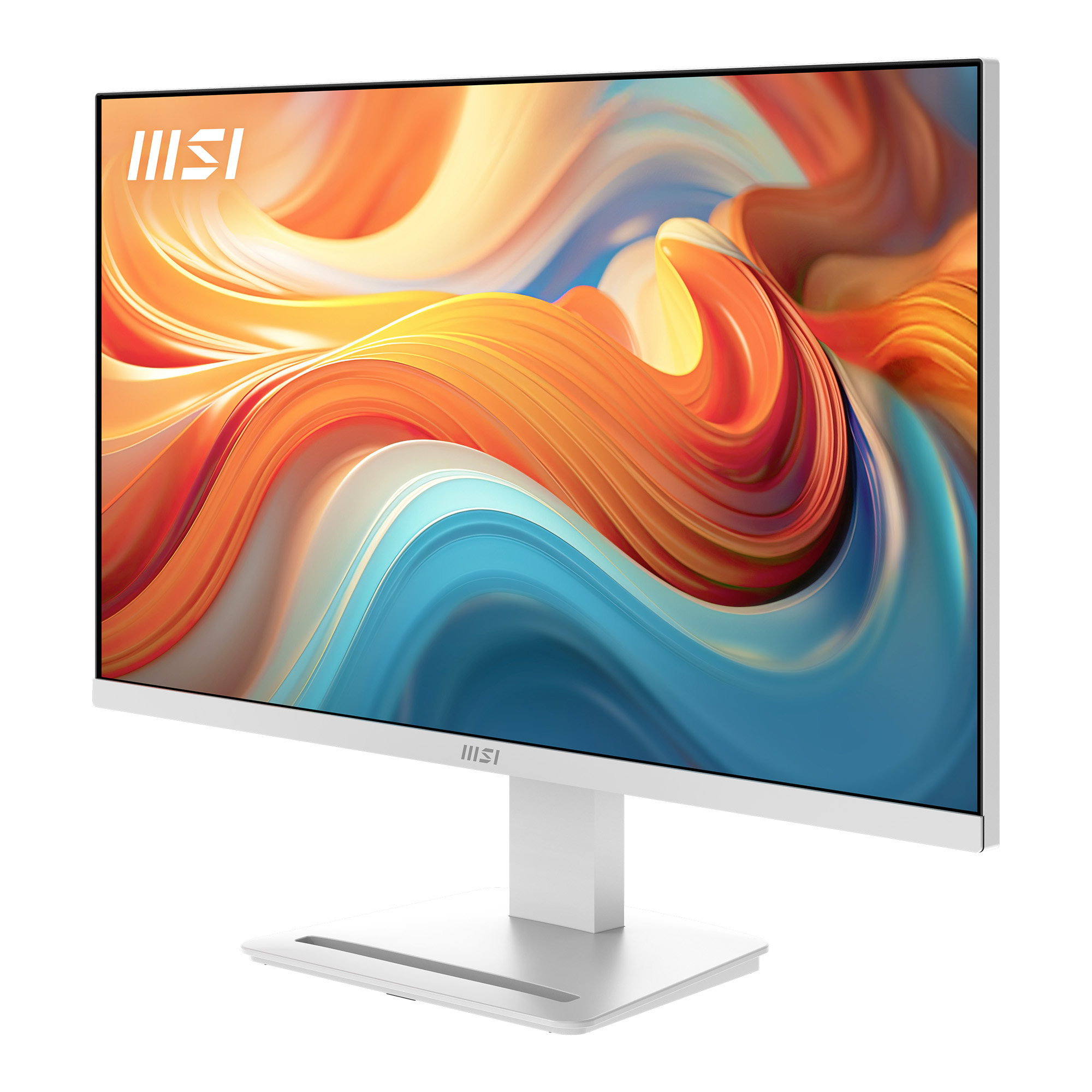 Un monitor MSI bianco con un vibrante sfondo astratto sul suo schermo.
