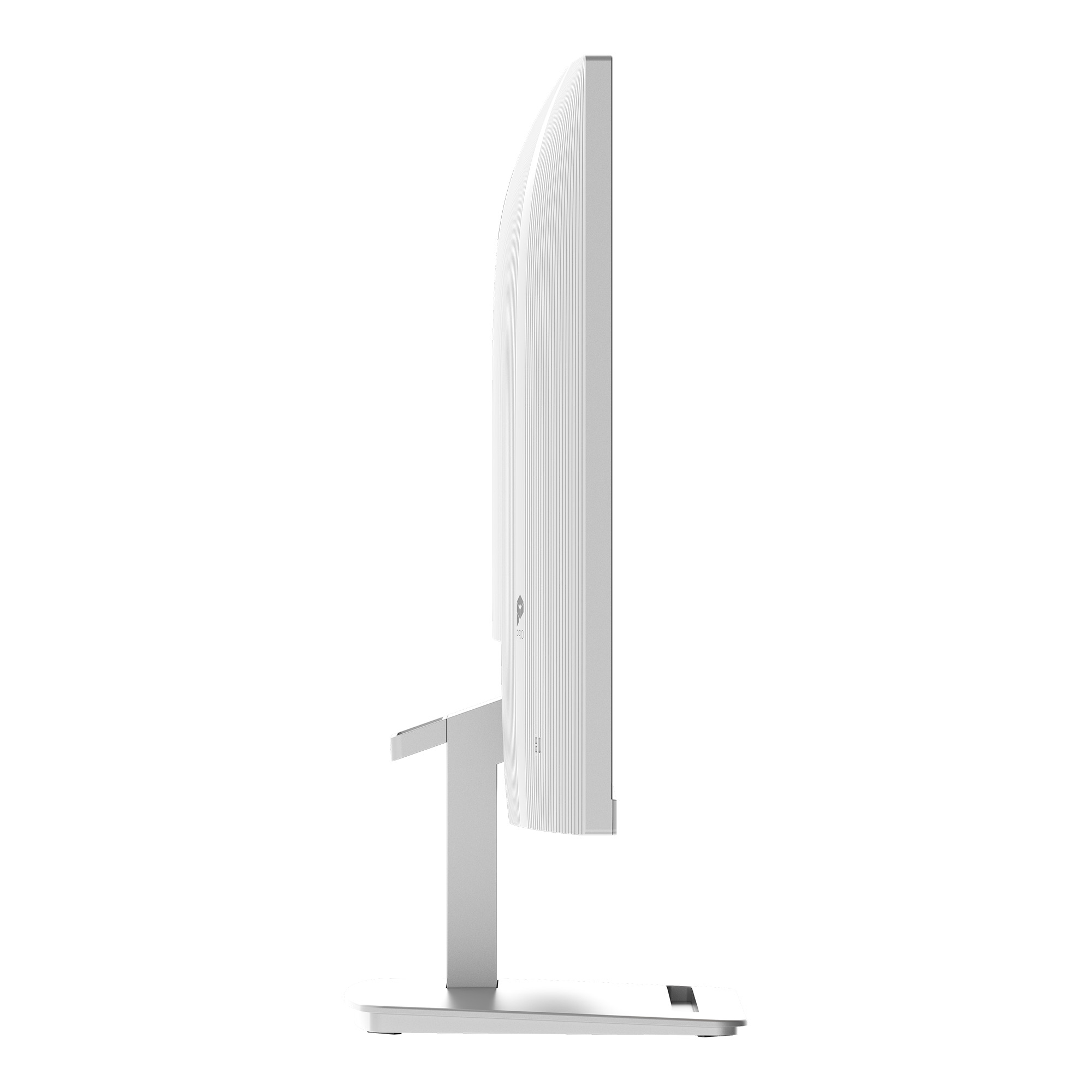 Un monitor bianco con scocca scanalata e supporto argentato.