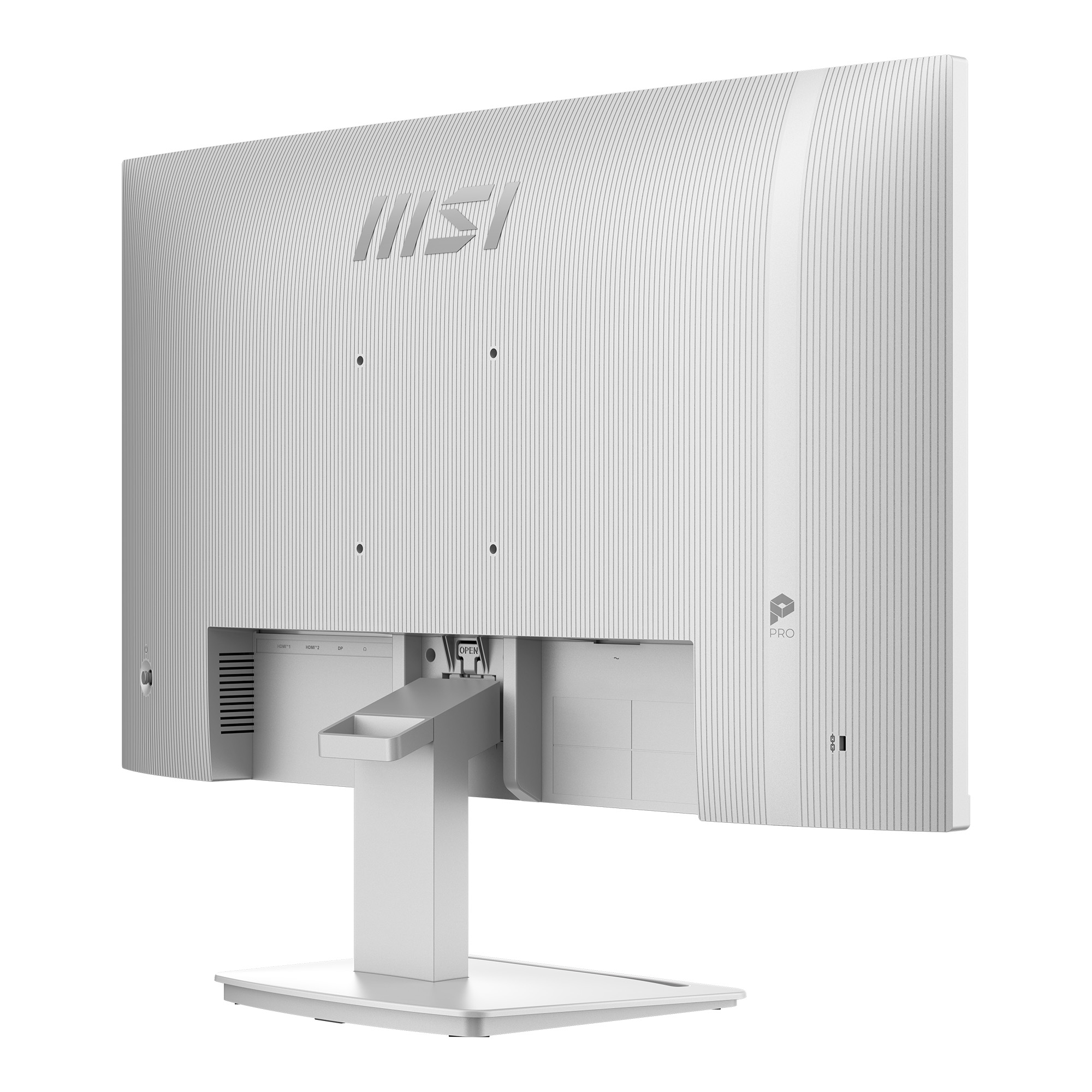 Vista posteriore di un monitor MSI bianco con linee verticali e porte.