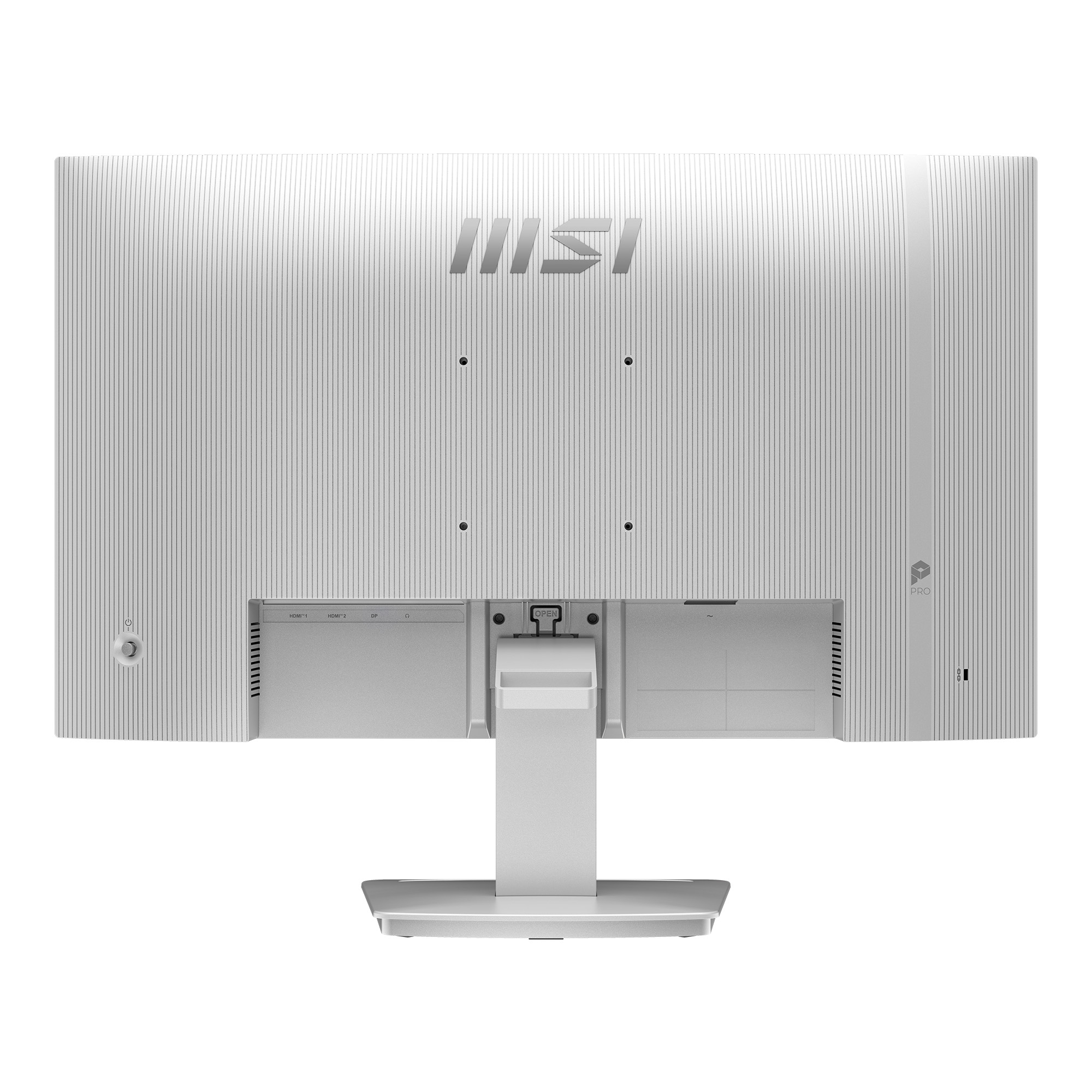 Vista posteriore di un monitor MSI bianco con design a coste e porte.