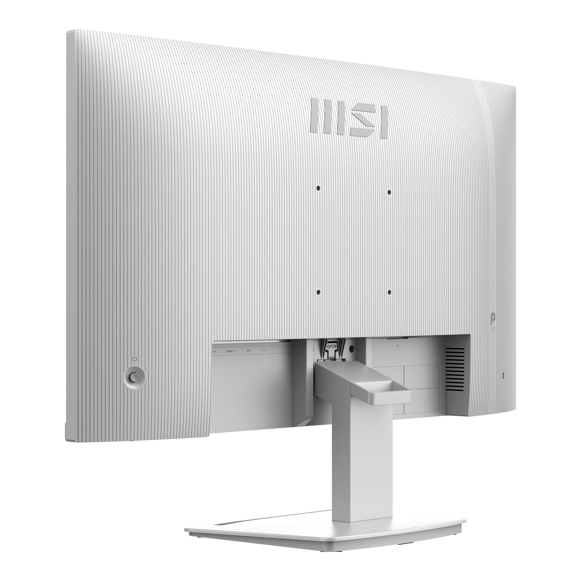 Retro di un monitor bianco con linee verticali, porte e supporto.