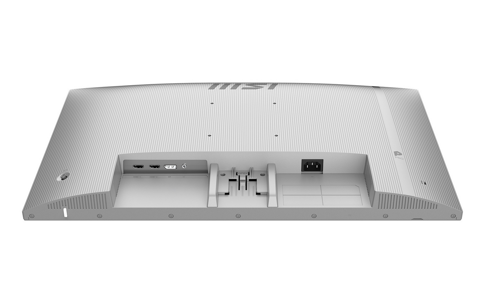 Vista posteriore di un monitor bianco che mostra porte: HDMI, DisplayPort e alimentazione.
