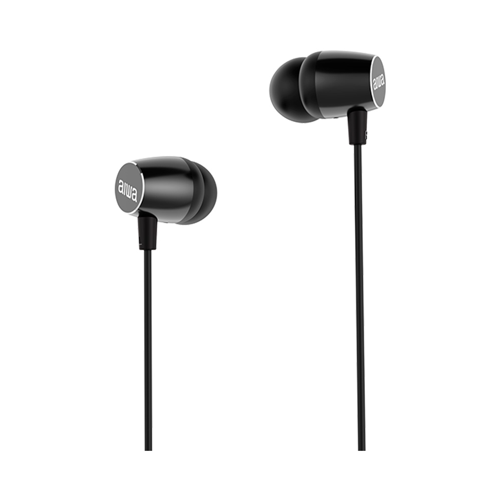 Schwarze Aiwa-Kopfhörer mit Kabel, auf weißem Hintergrund.