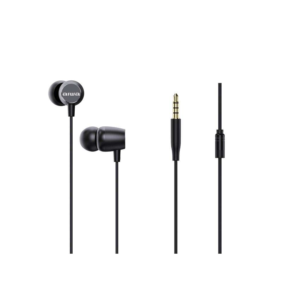 Schwarze In-Ear-Kopfhörer mit silbernem Logo und 3,5-mm-Klinkenstecker.