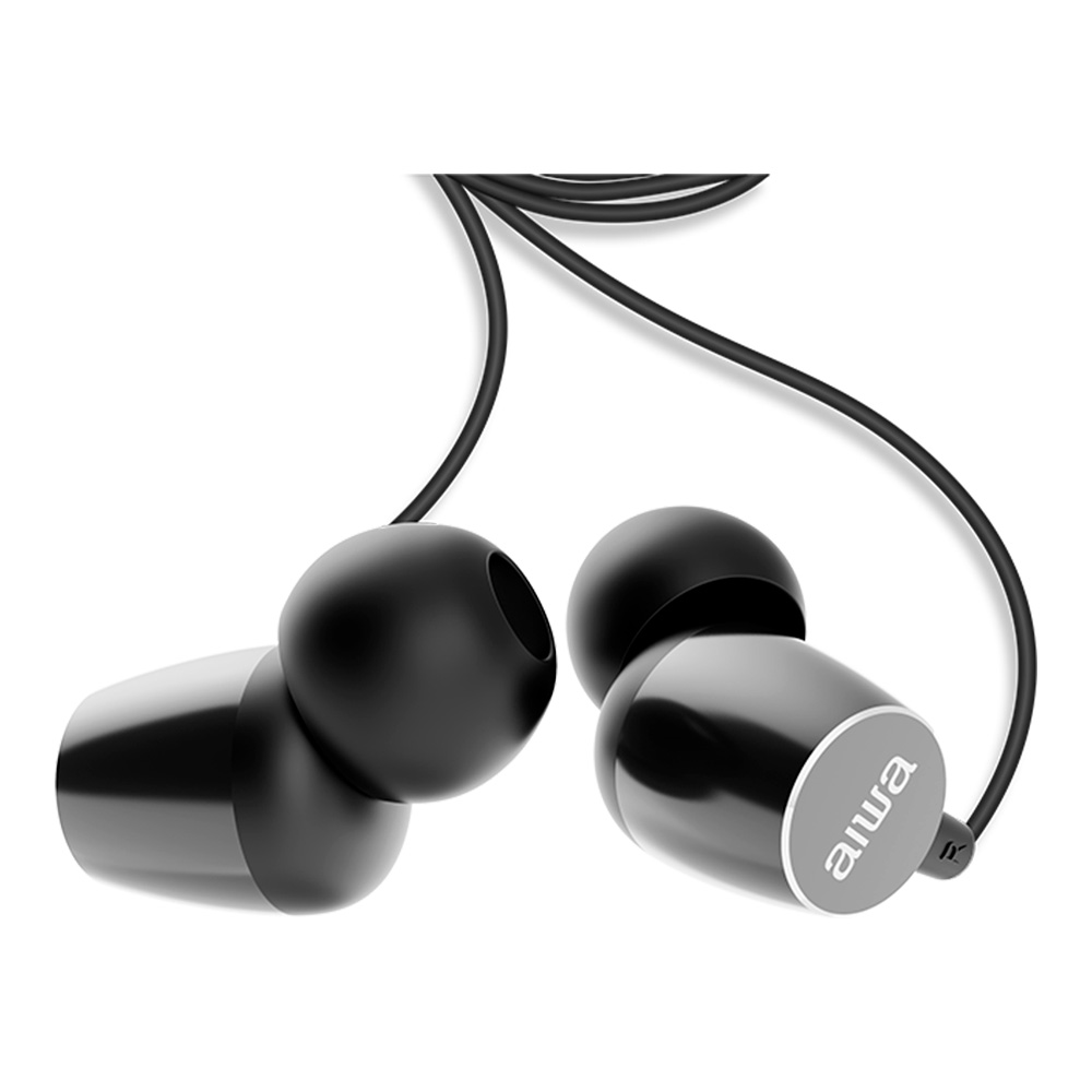 Schwarze In-Ear-Kopfhörer mit silbernem Logo auf der rechten Seite.