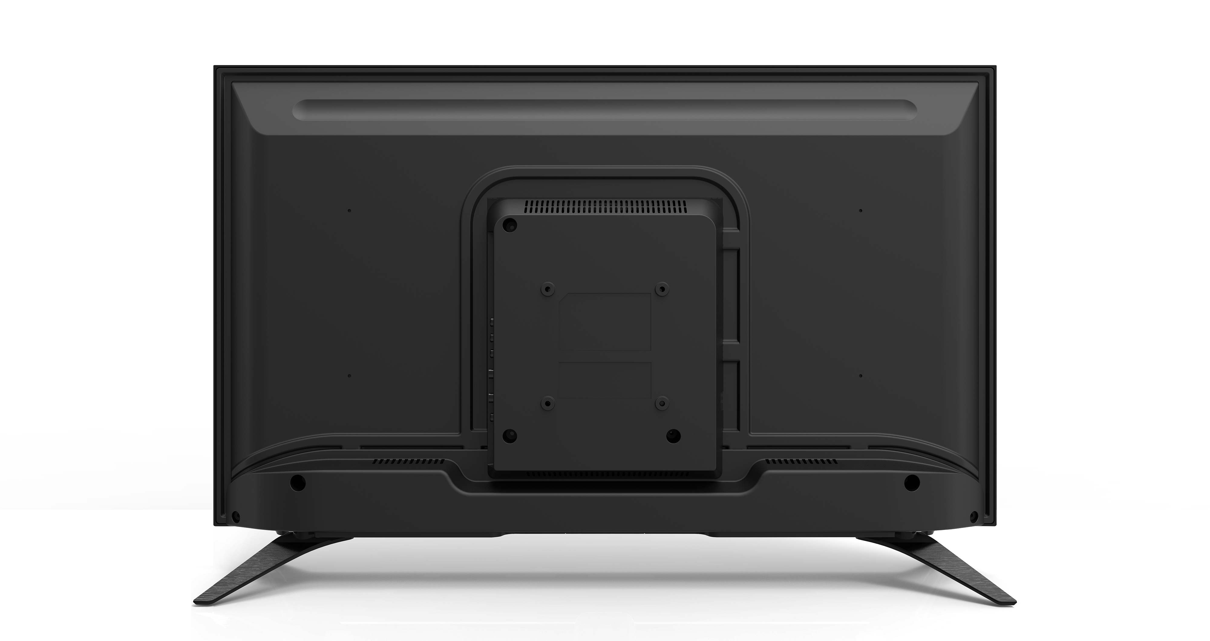 Parte trasera de un televisor negro con soporte sobre fondo blanco.