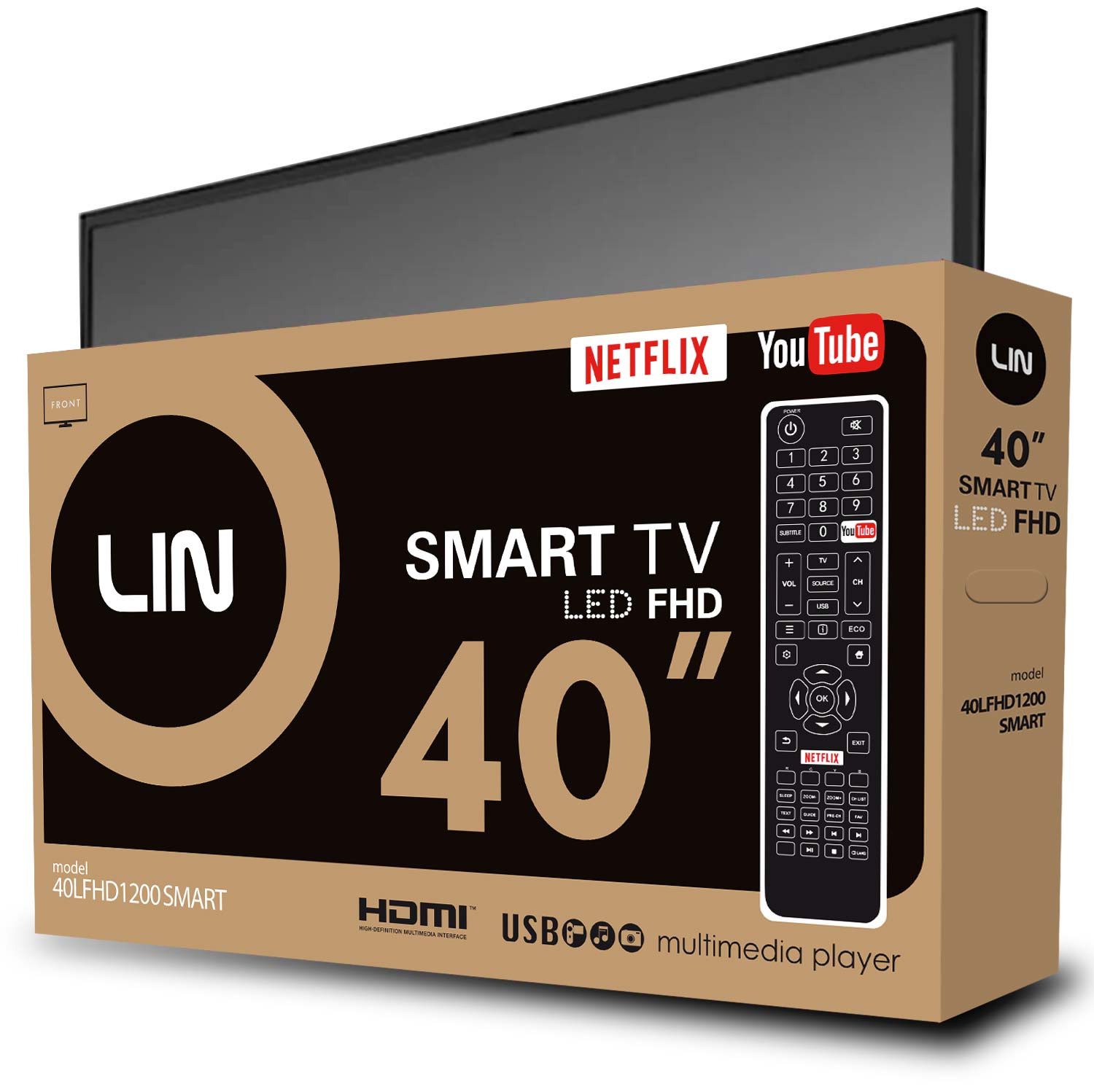 Caja de TV LED FHD inteligente LIN de 40" con logos de Netflix y YouTube. Incluye control.
