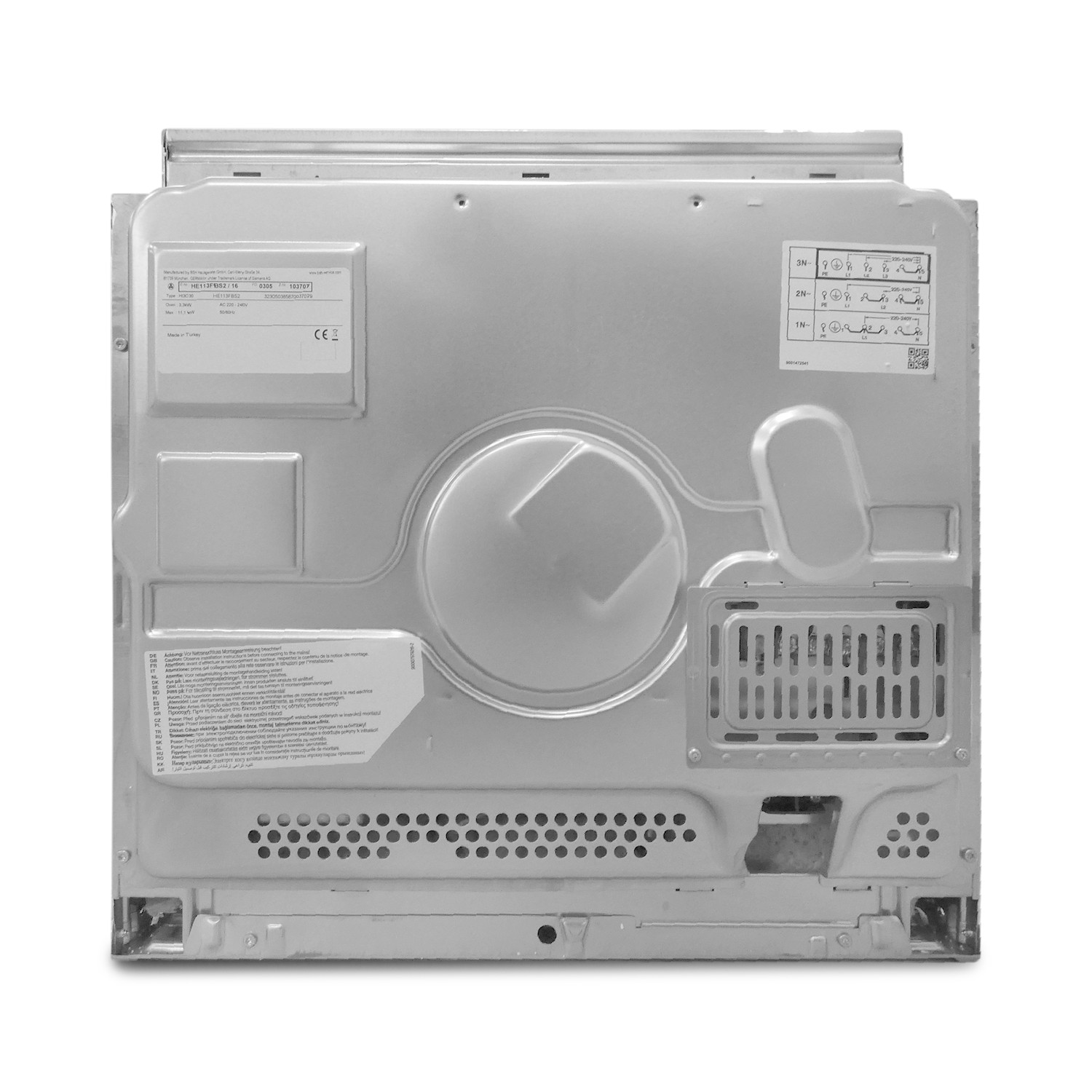 Rear view of an appliance showing technical details and connection diagrams.