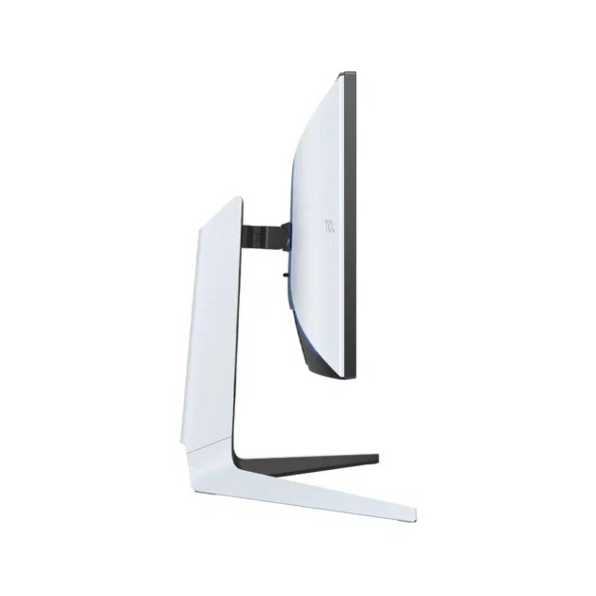 Un monitor blanco con marco negro está sobre un soporte blanco.