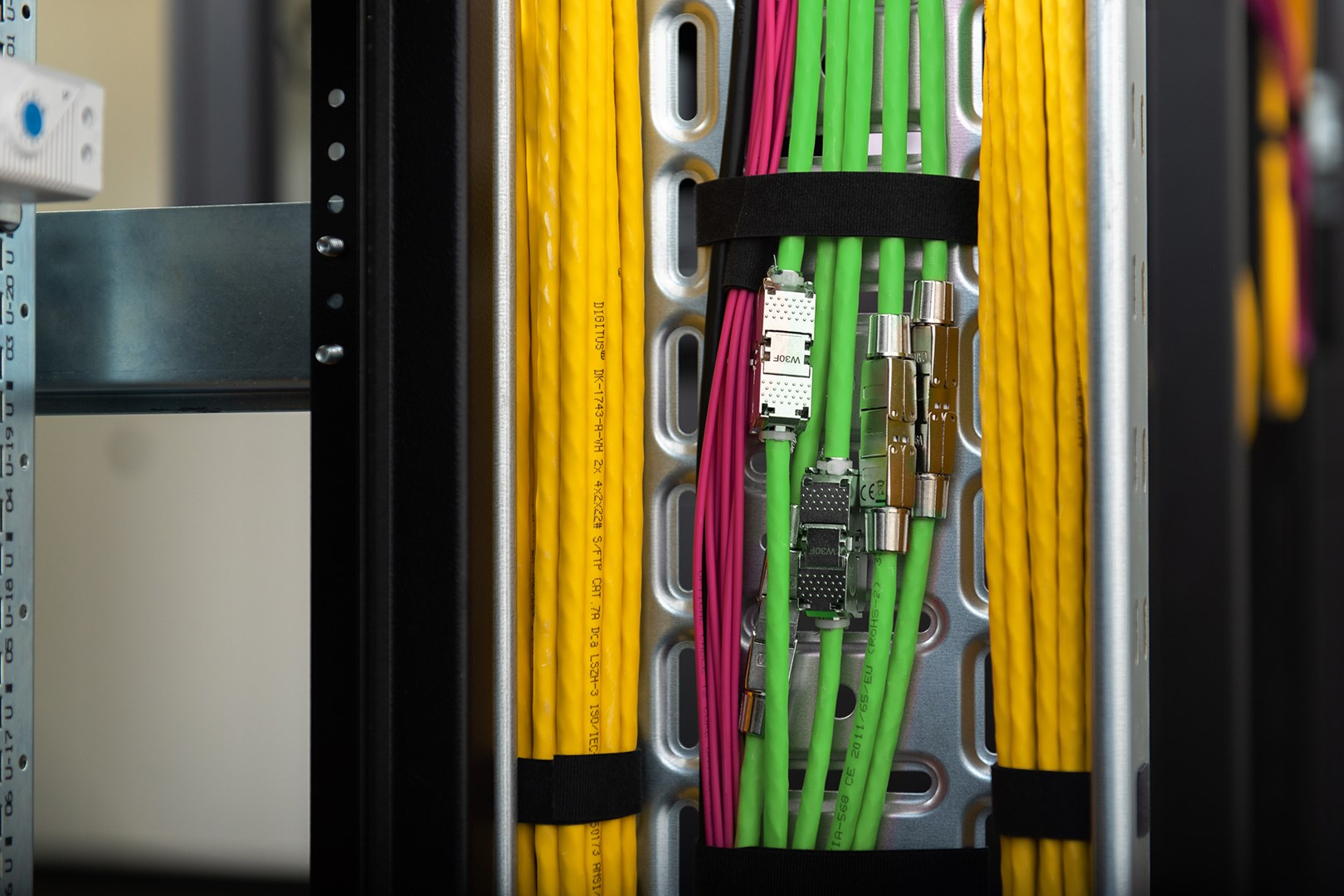 Netzwerk-Patchpanel mit gelben, grünen und pinken Kabeln, die gebündelt sind.