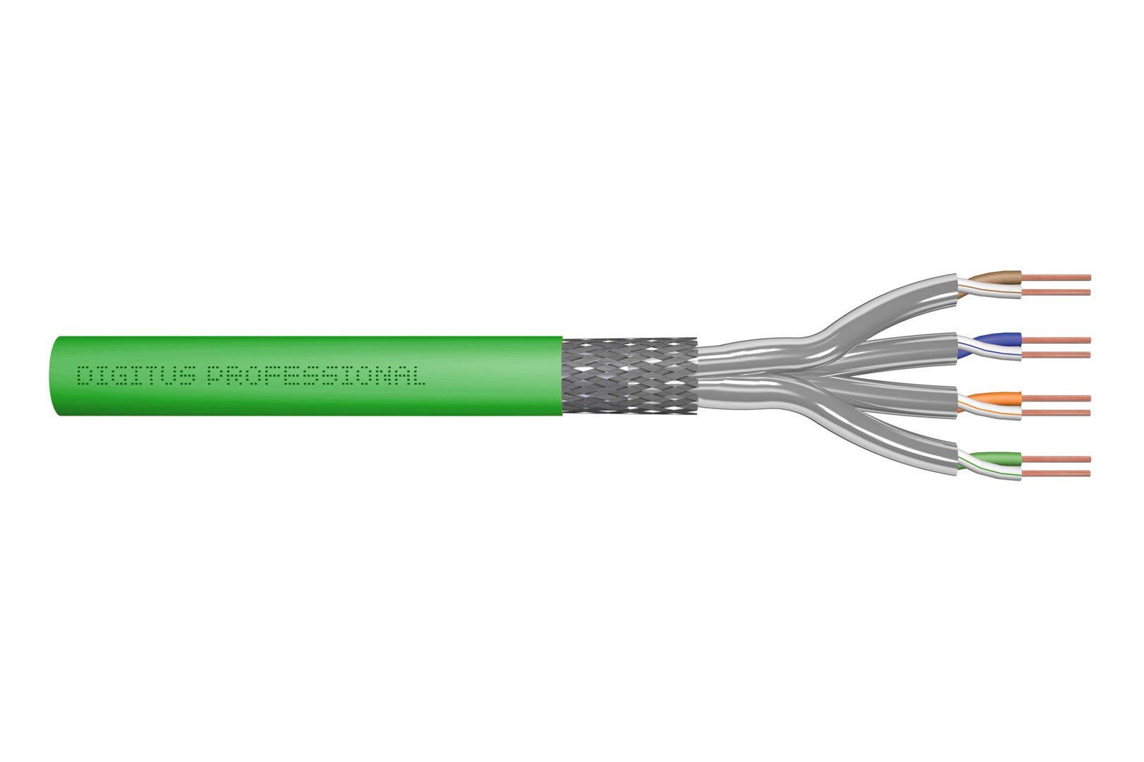 Grünes Netzwerkkabel mit vier entmantelten Adern in Braun, Blau, Orange und Grün.