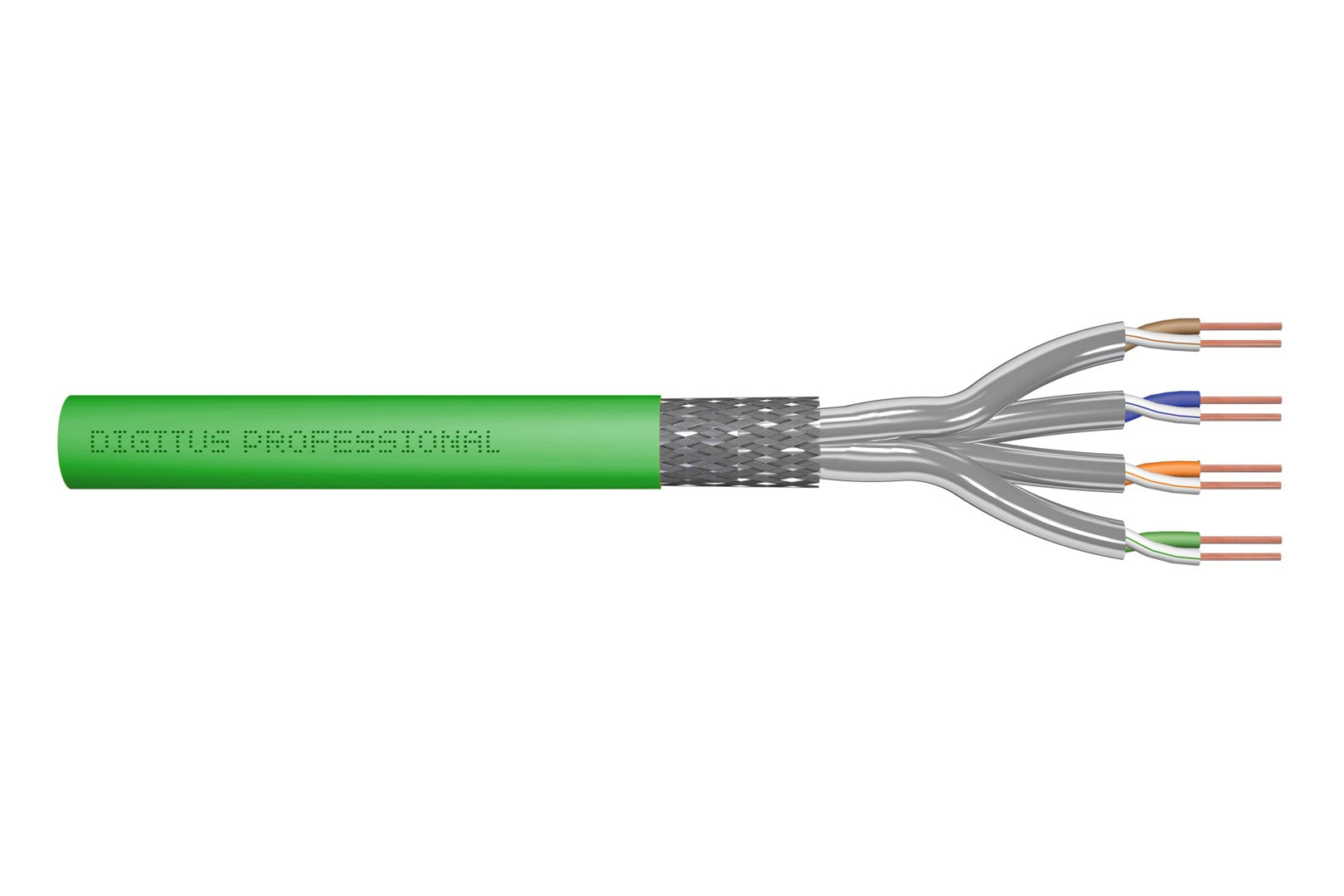 Ein grünes Netzwerkkabel mit vier abisolierten Drähten in den Farben Braun, Blau, Orange und Grün.