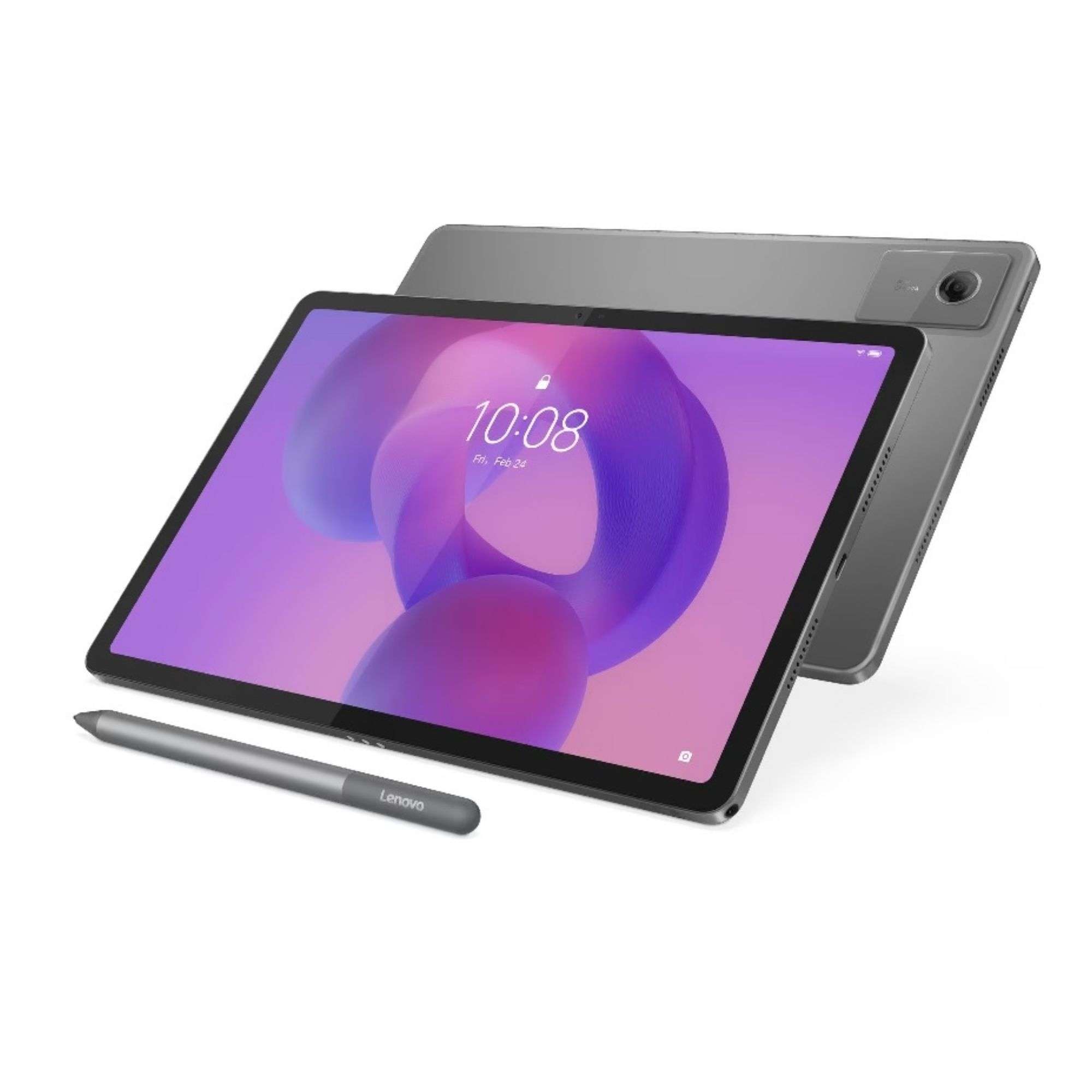 Arkadan aydınlatmalı bir tablet ve kalem beyaz arka planda.
