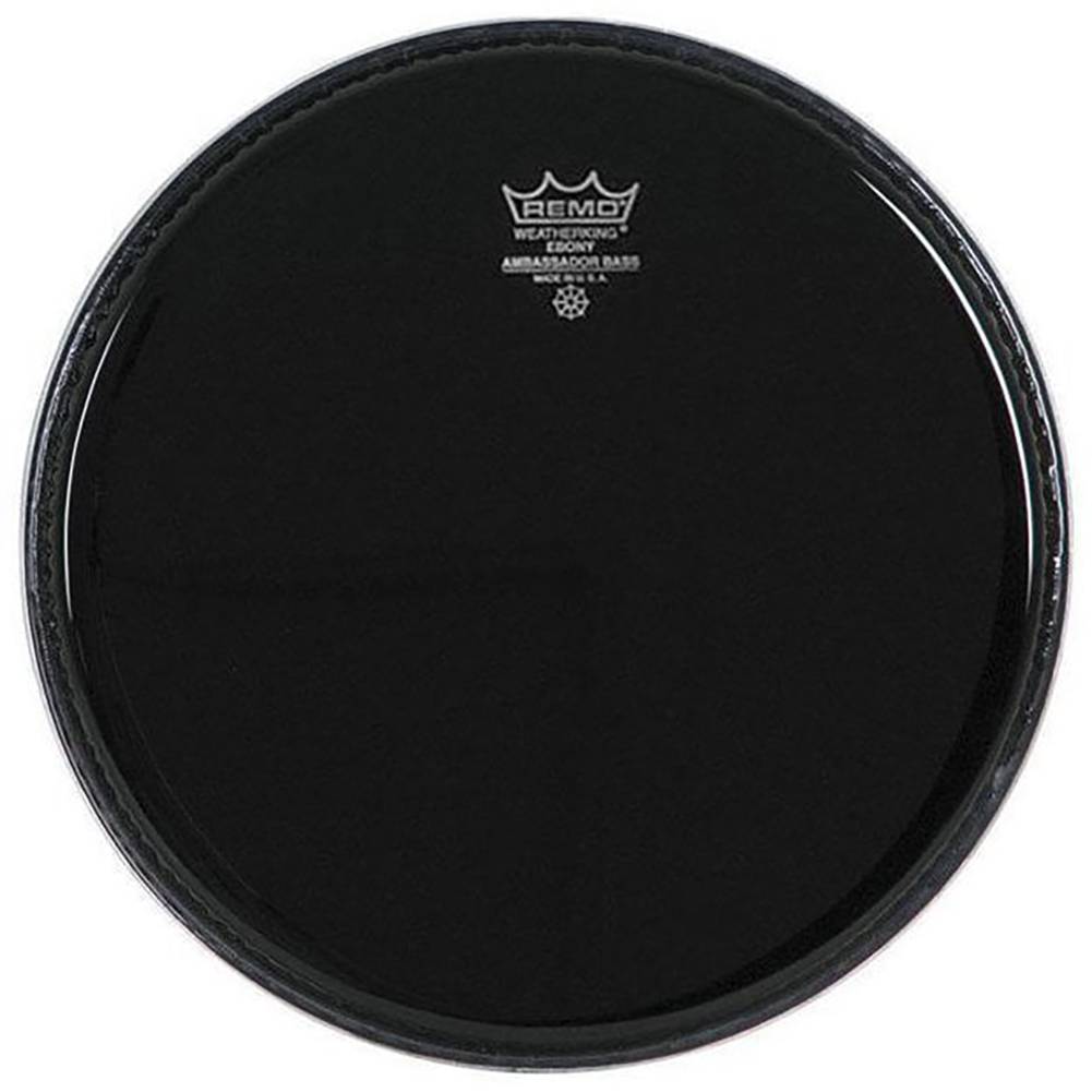 Remo logosu ve Weatherking Ebony Ambassador Bass yazısı bulunan siyah davul derisi.
