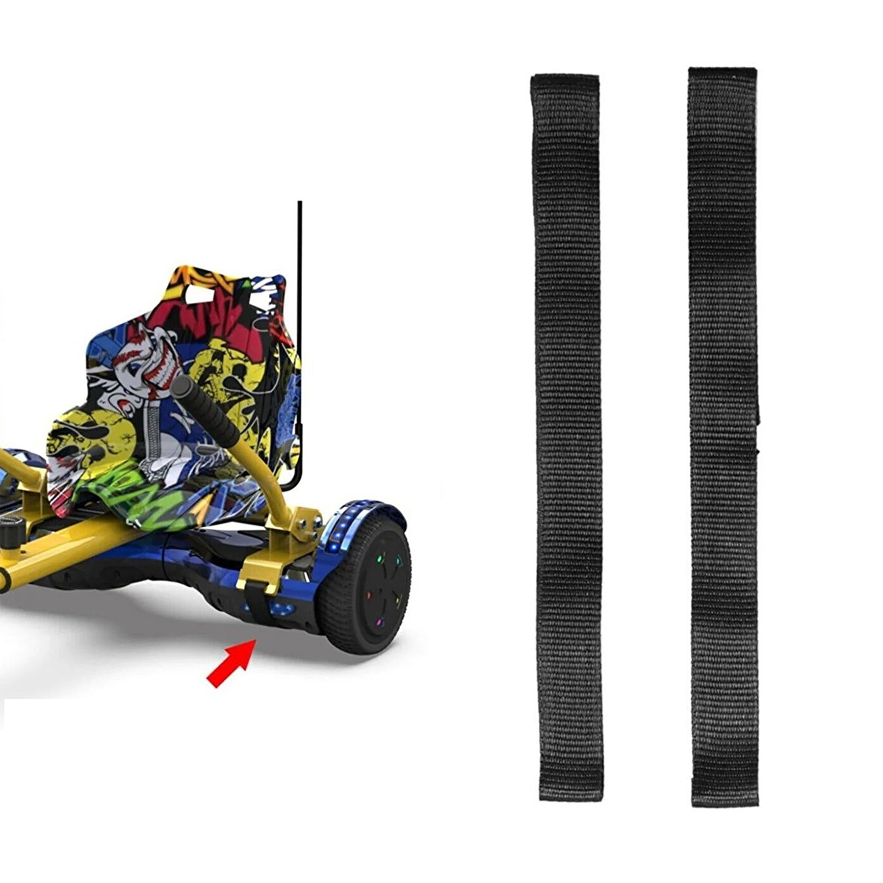 Çizgi film grafikalı hoverboard go-kart koltuğu ve yanında iki siyah kayış.