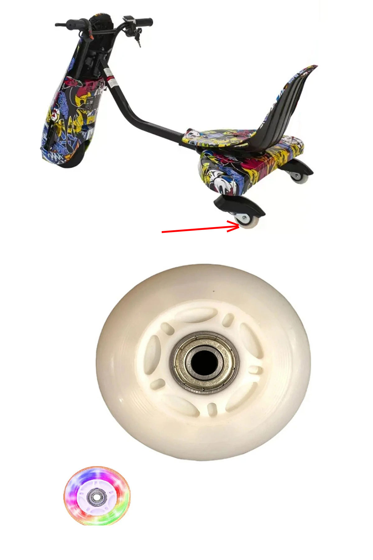 Yedek tekerlekli ve ışıklı tekerlekli, rengarenk drift scooter.