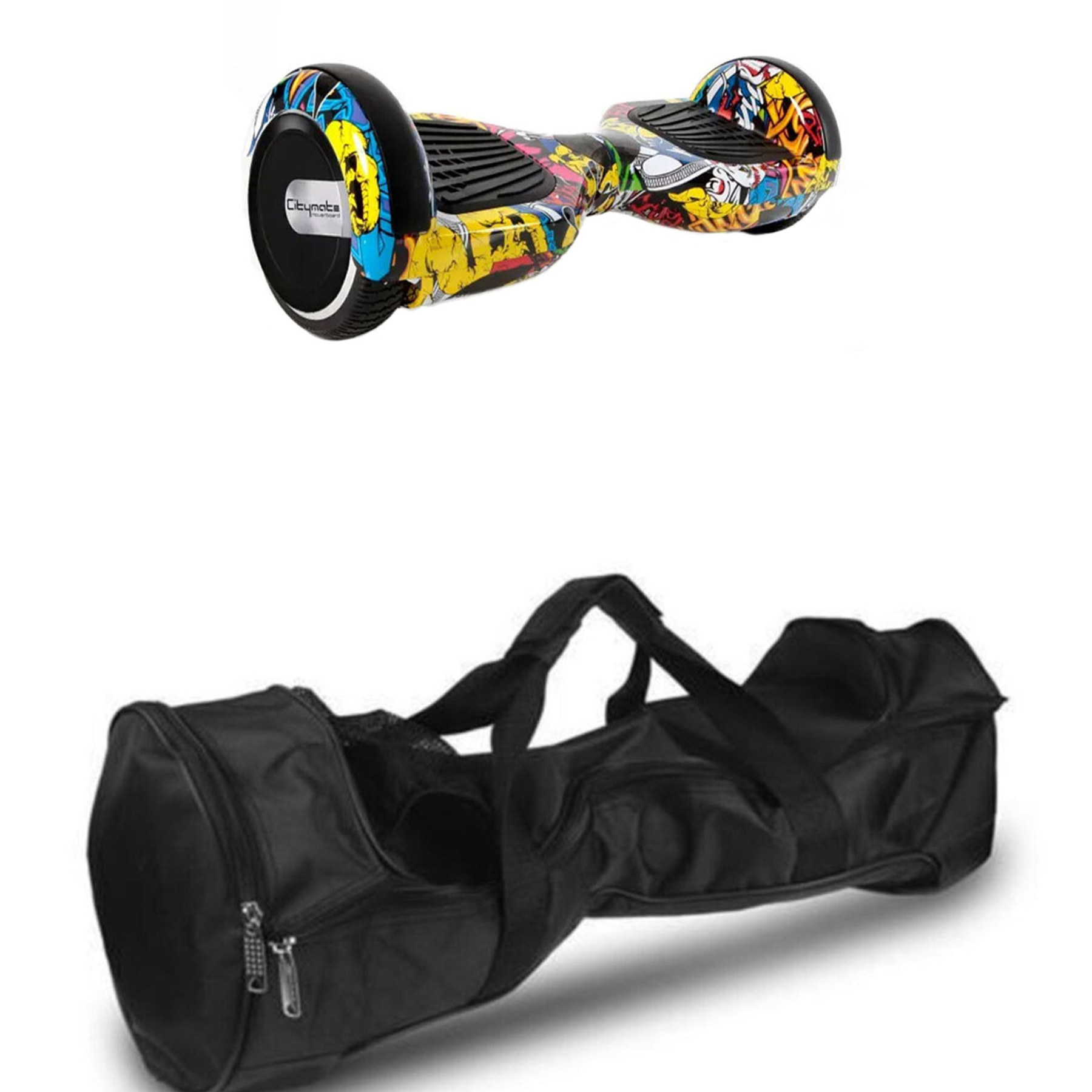 Renkli grafiti sanatlı hoverboard ve siyah taşıma çantası.