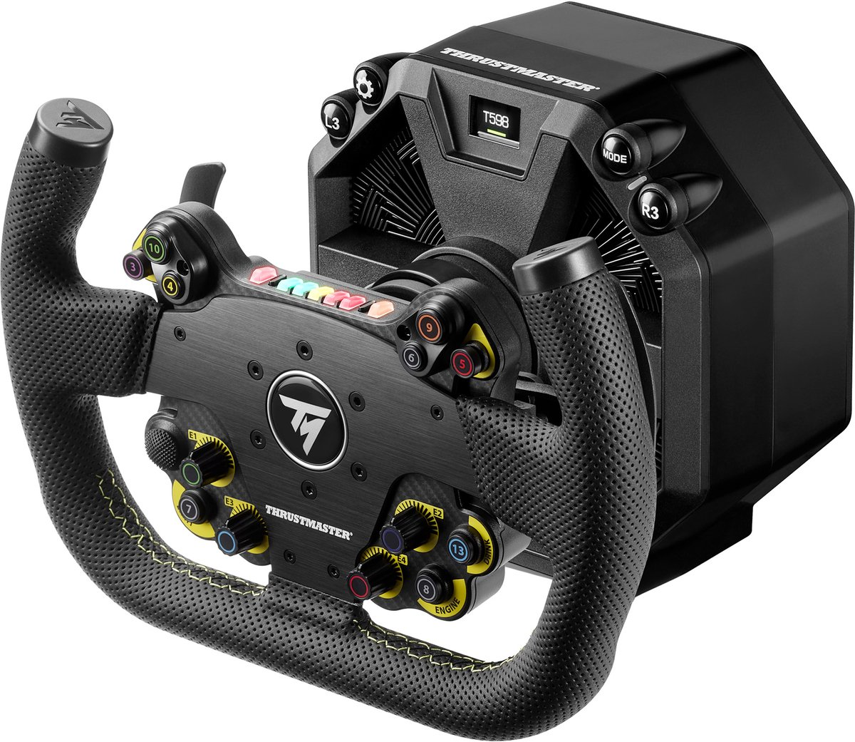 Zwart Thrustmaster racestuur met getextureerde grips, knoppen en digitaal display.