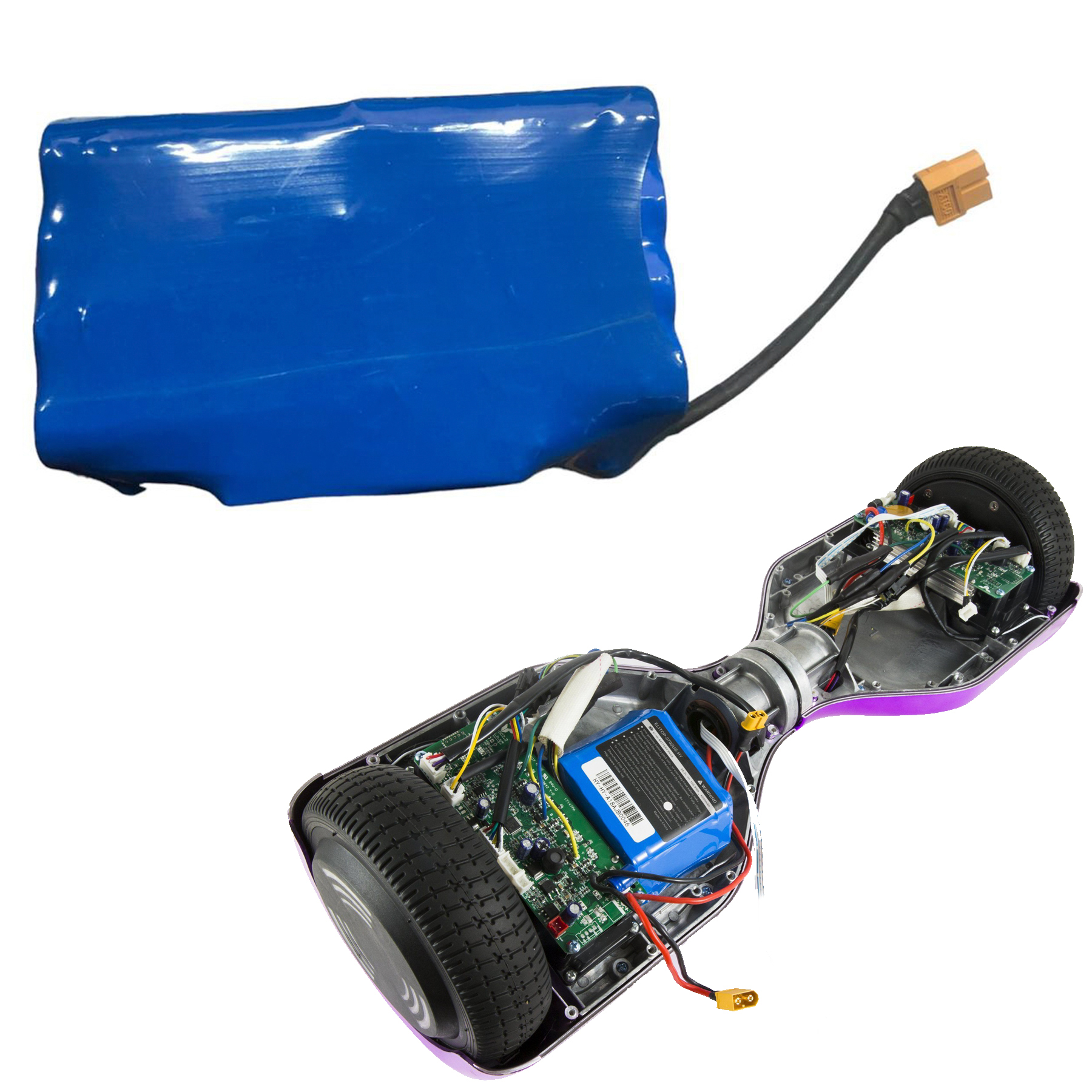 Mavi bir pil ve devre kartları olan açık mor bir hoverboard tabanı.
