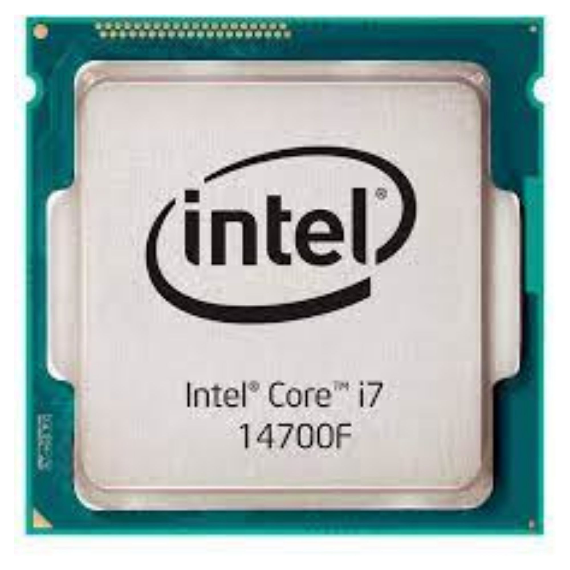 Intel Core i7 14700F işlemci, üzerinde Intel logosu, beyaz yüzeyde.