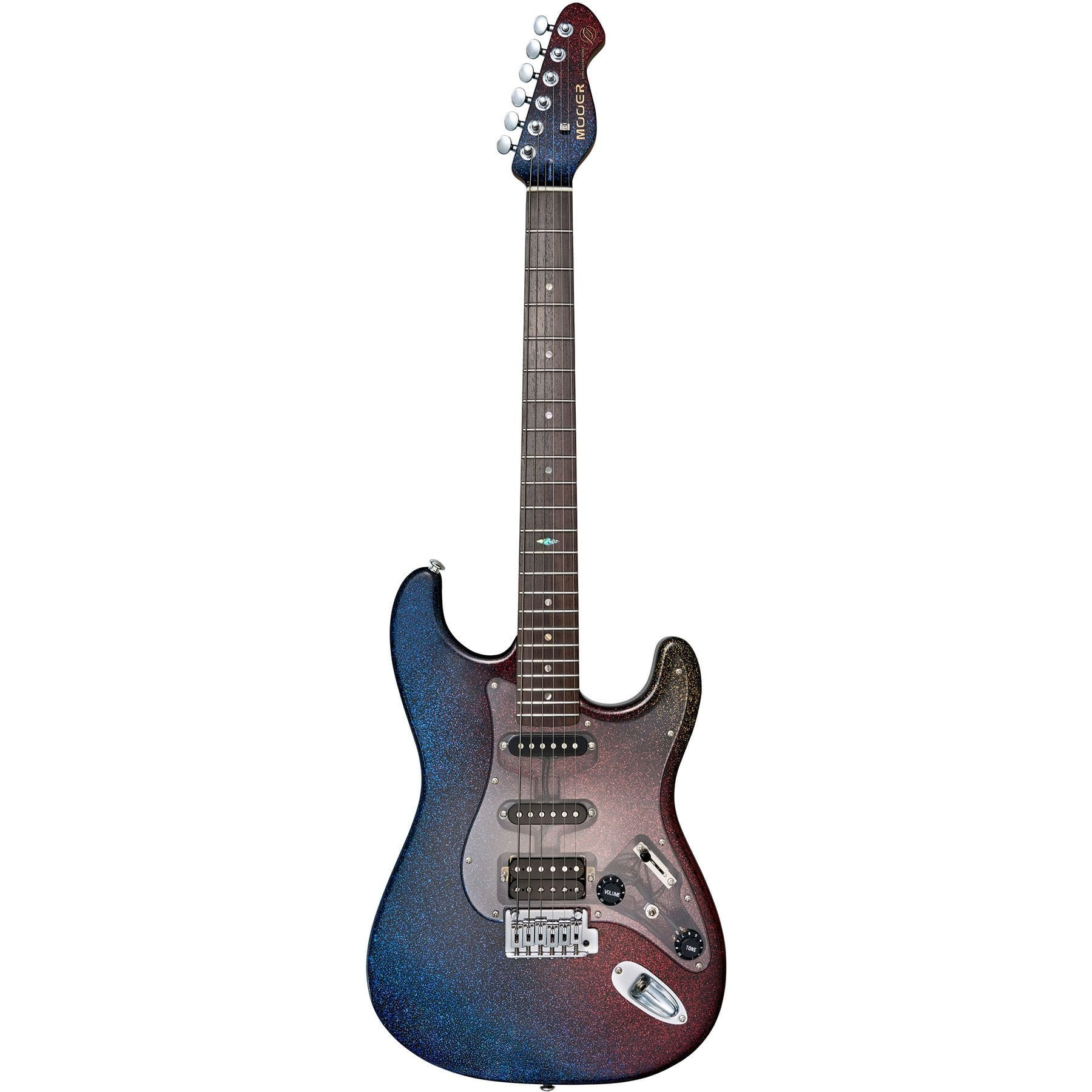 Mavi-kırmızı simli kaplamalı, krom donanımlı, altı telli elektro gitar.