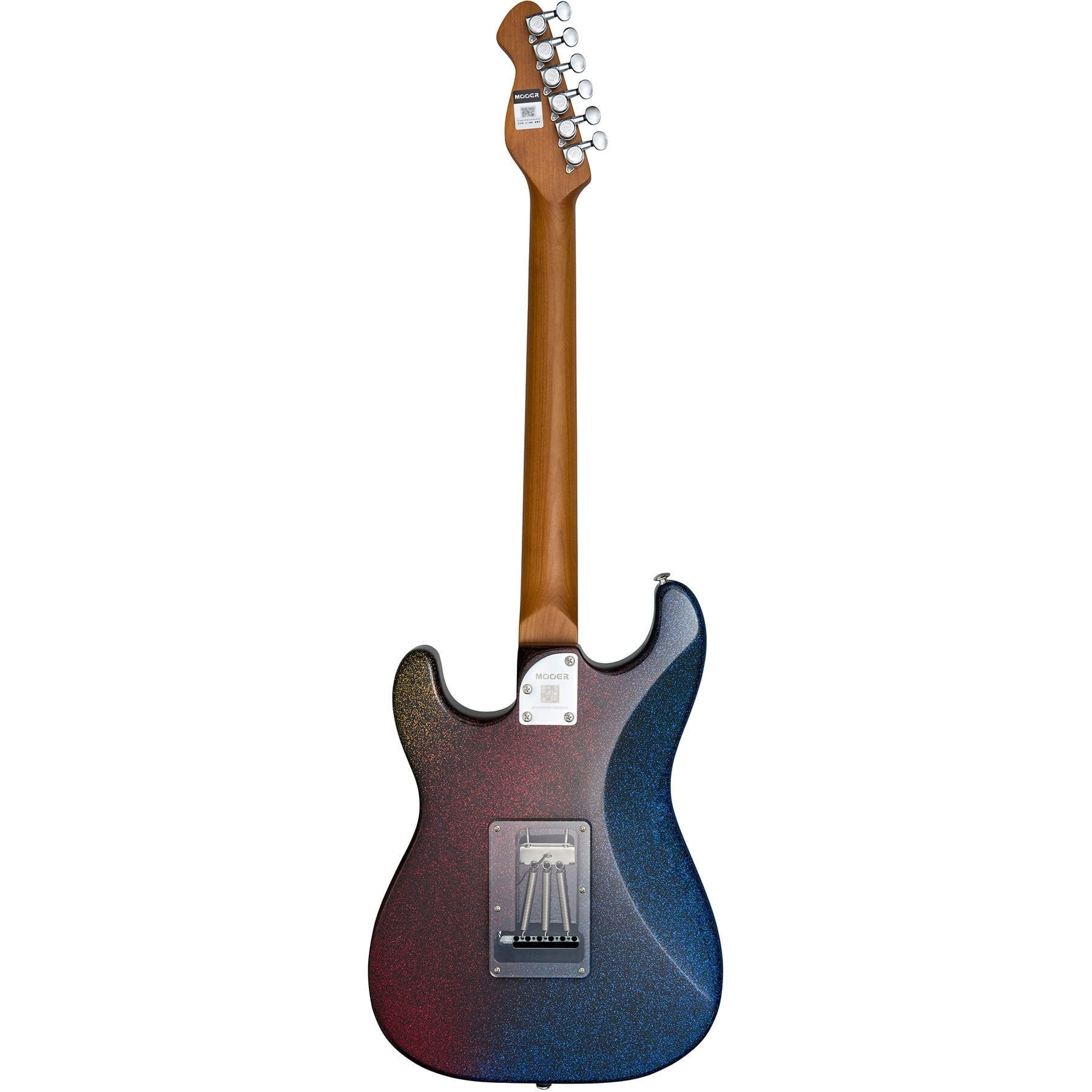 Parlak kırmızı ve mavi gövdeli, ahşap saplı elektro gitar.