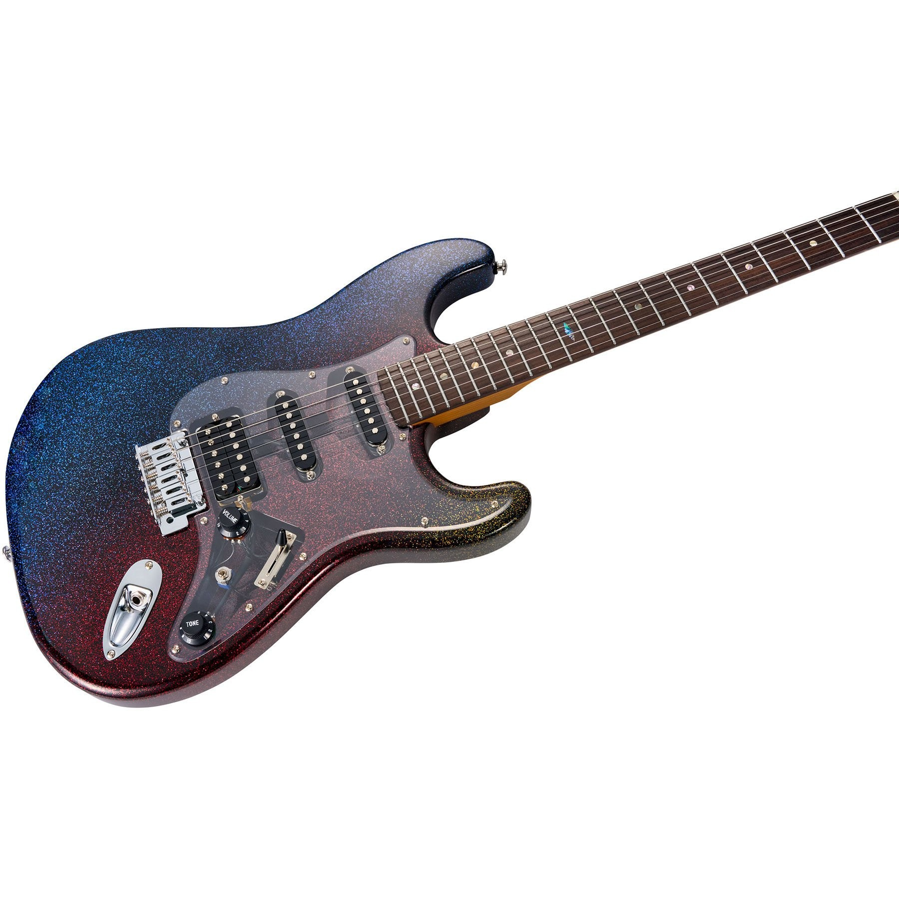 Parlak mavi ve kırmızı kaplamalı, şeffaf pena korumalı elektro gitar.