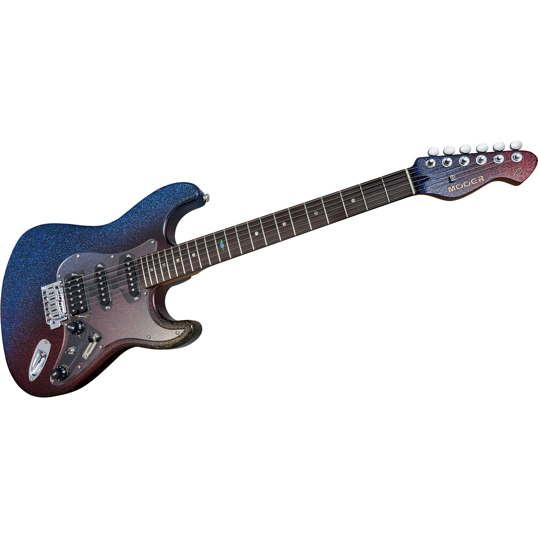 Şeffaf pena korumalı, ışıltılı mavi-kırmızı geçişli elektro gitar.