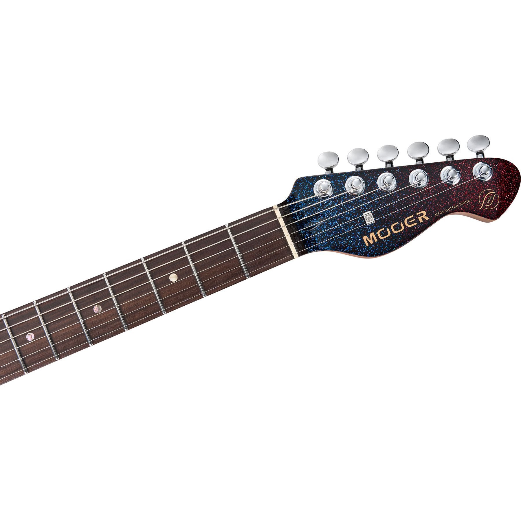 Altı akort burgulu, mavi-kırmızı simli kaplamalı gitar başlığı.