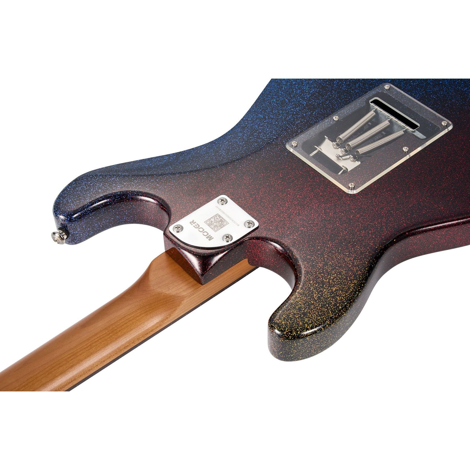 Mavi-kırmızı simli degrade ve altın renkli tremolo yay kapağına sahip elektro gitarın arkası.