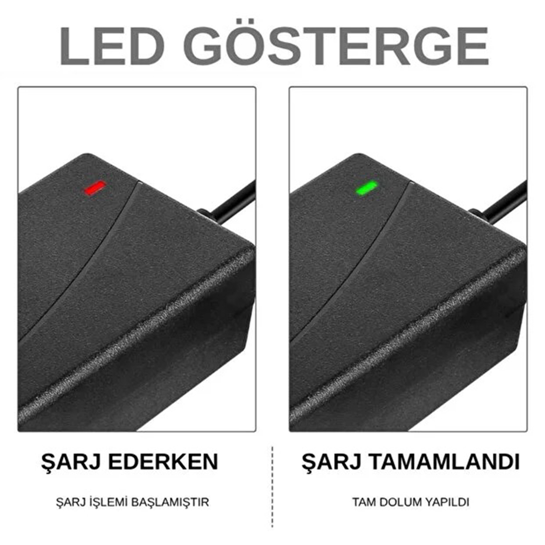 Siyah şarj cihazı, şarj durumu için kırmızı ve yeşil LED'ler gösterir.