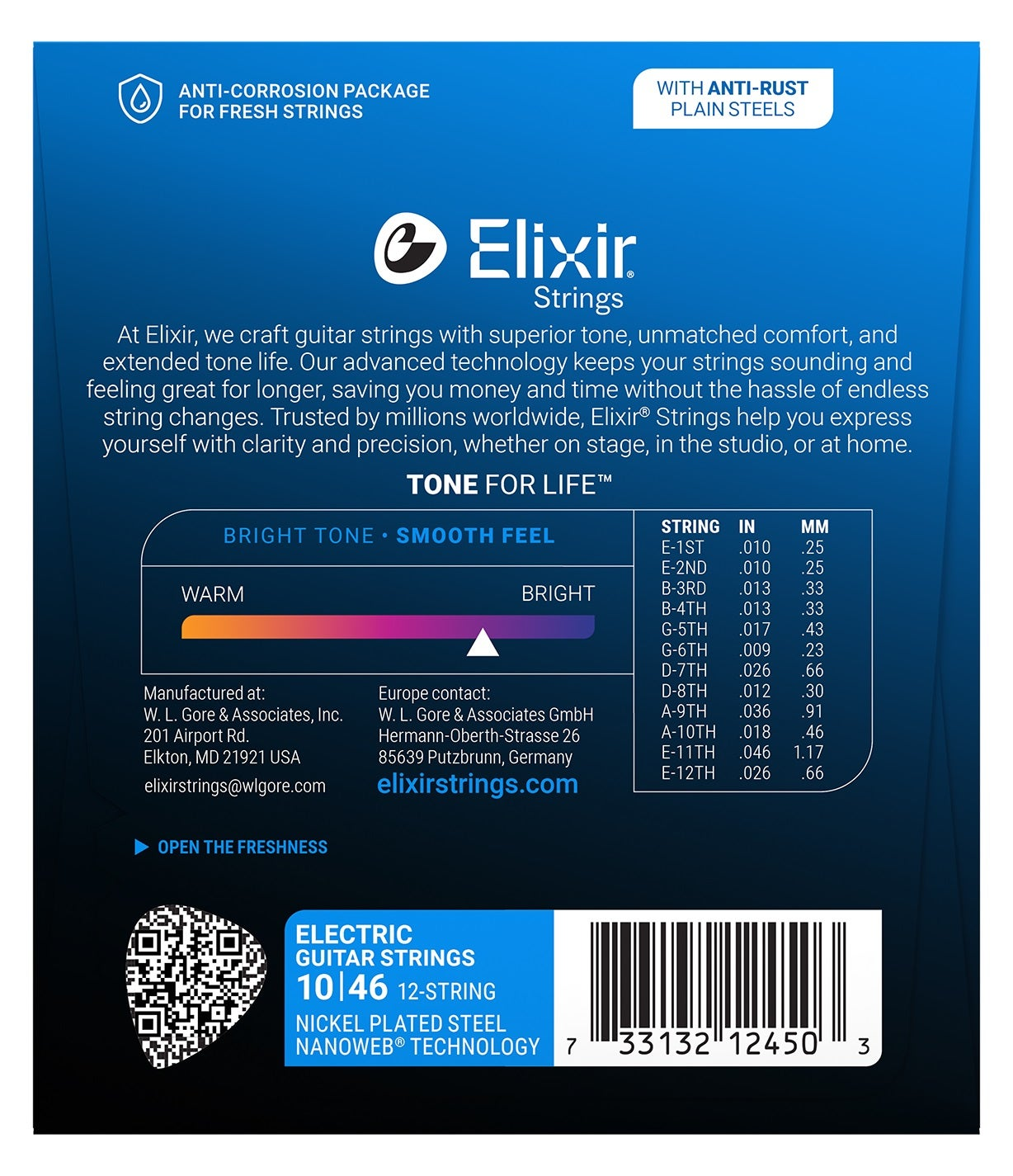 Elixir gitar teli ambalajı, logo, boyut tablosu ve QR kodlu.