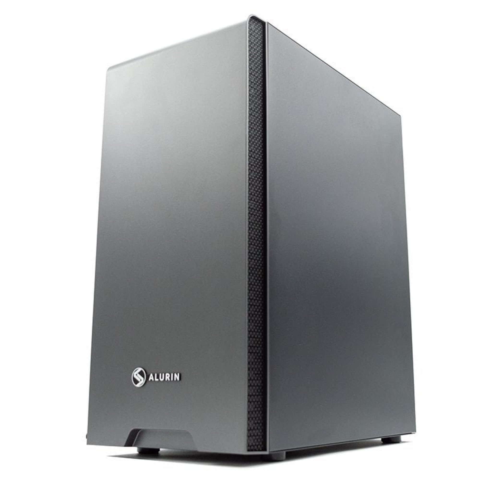 Tower del computer grigio con ventilazione nera sul davanti.