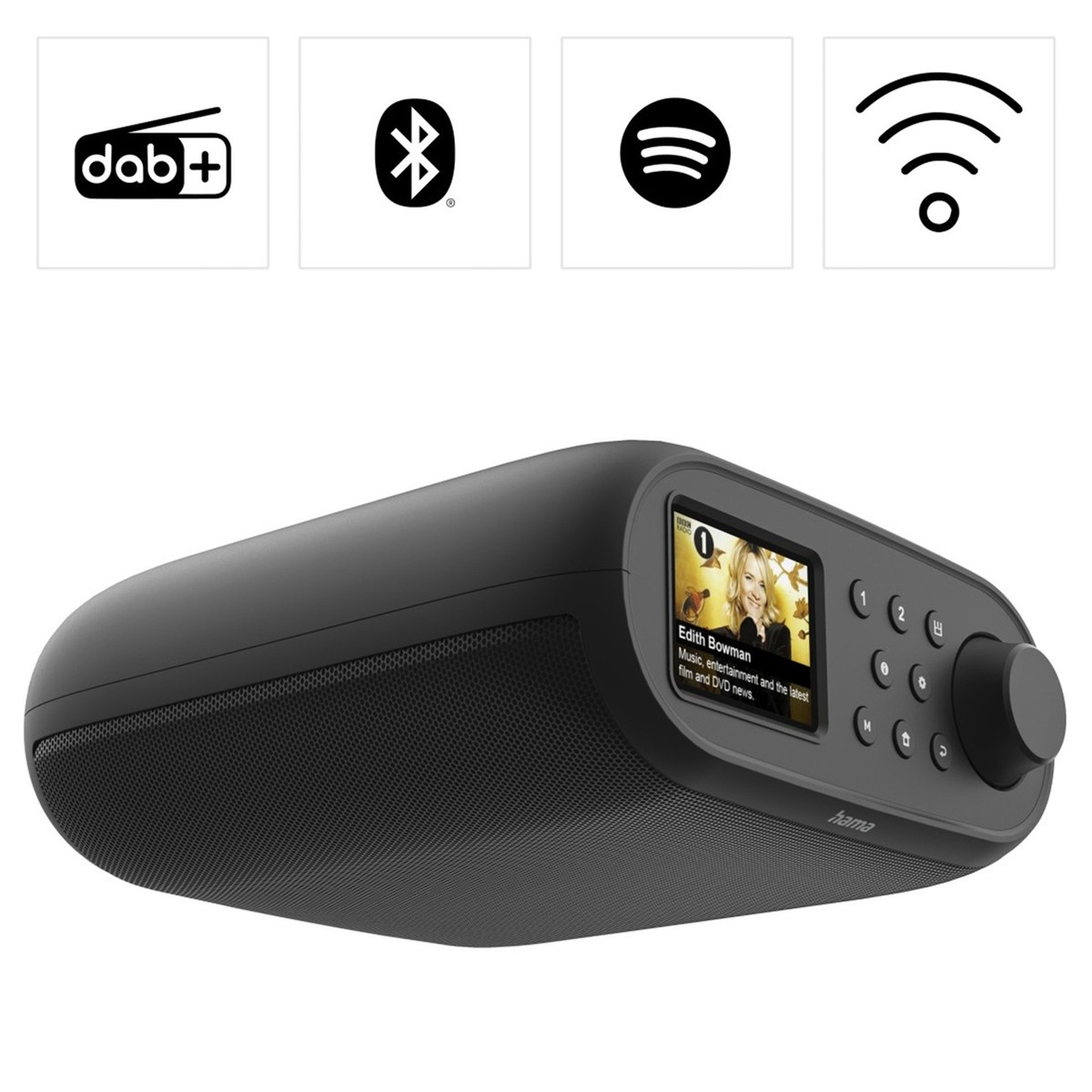 Czarny głośnik Hama z ikonami DAB+, Bluetooth, Spotify i Wi-Fi.
