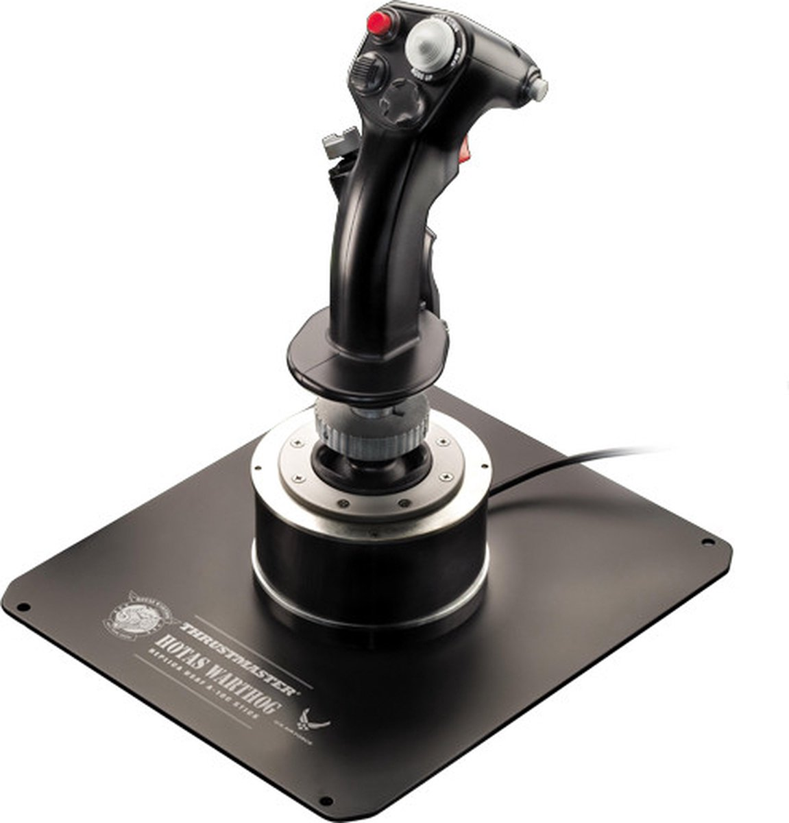 Een zwarte flight simulator joystick met rode en witte knoppen op een zwarte basis.