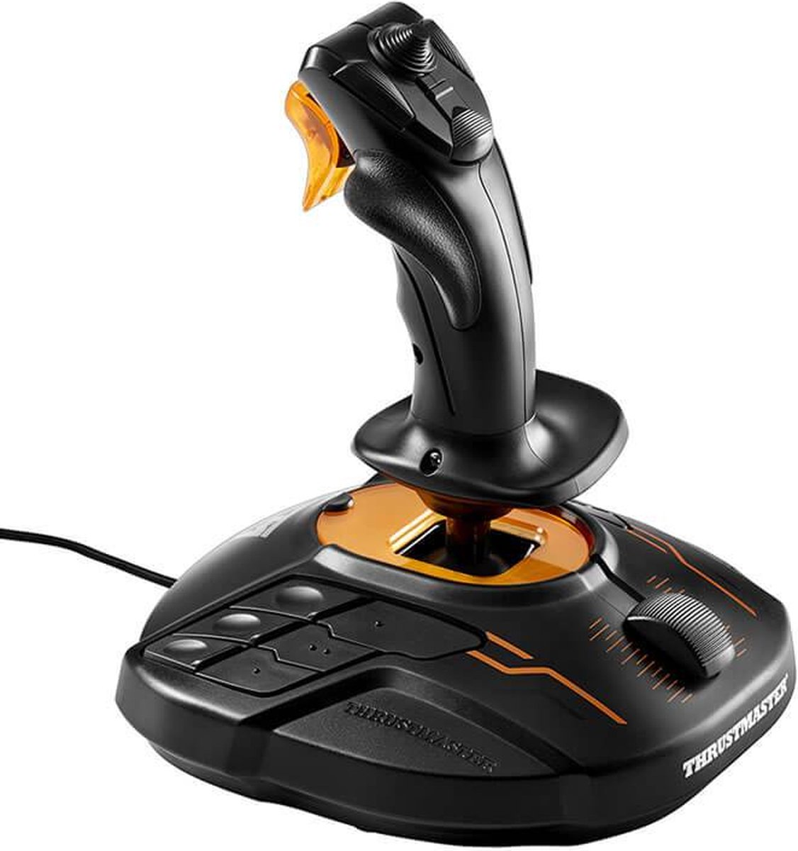 A black and orange joystick with multiple buttons and a throttle on a white background.