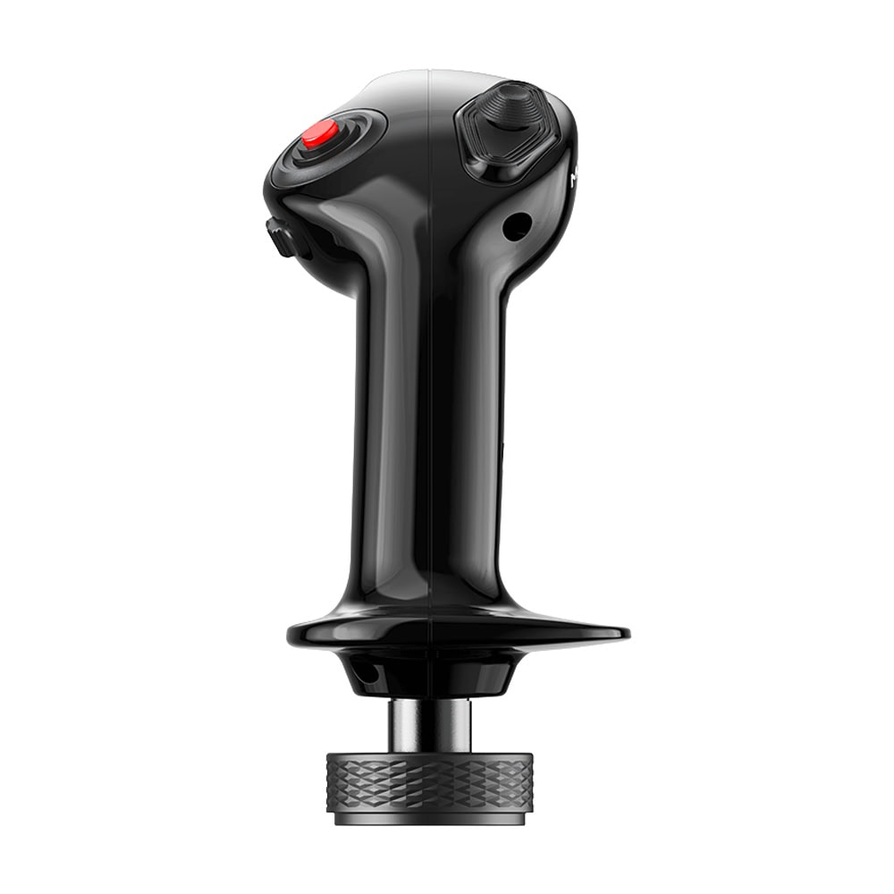 Schwarzer Joystick mit rotem Knopf und Rändelschraube.