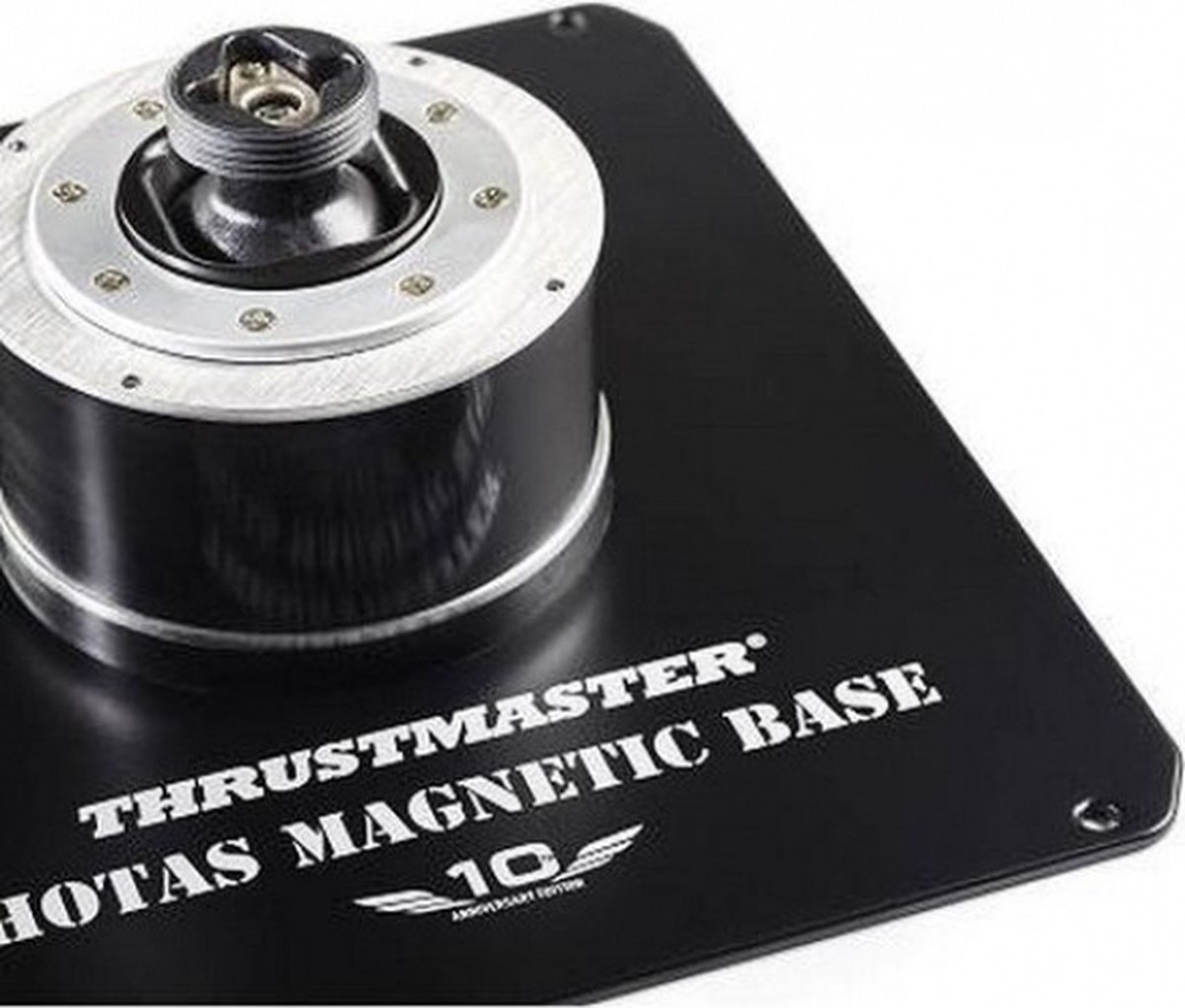 A black base with a silver top, featuring THRUSTMASTER HOTAS MAGNETIC BASE text.