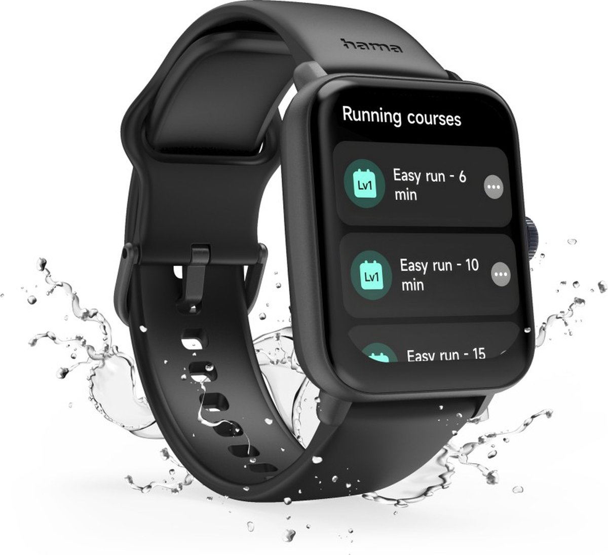 Smartwatch nera che mostra corsi di corsa. Schizzi d'acqua intorno.
