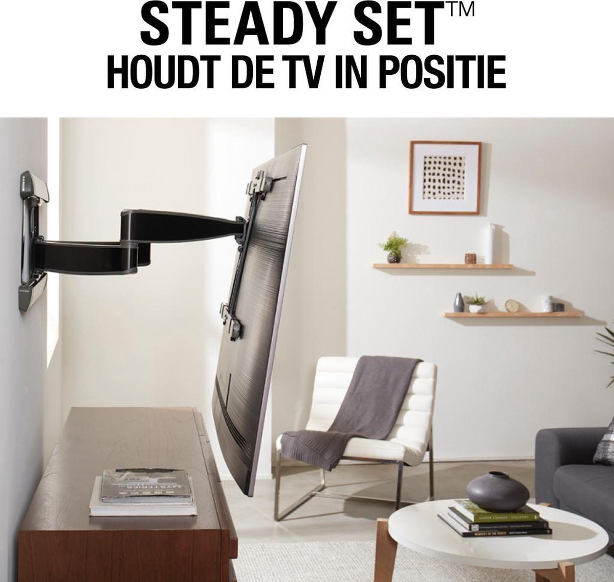A swiveling TV mount on the wall holding a television in a living room setting.
