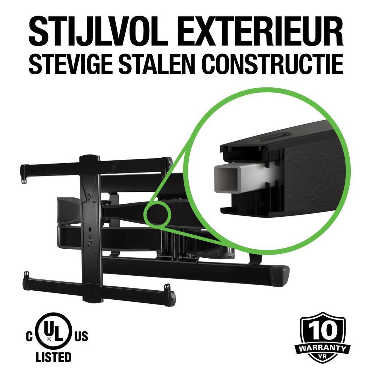 Black TV mount with close-up of steel construction and warranty.