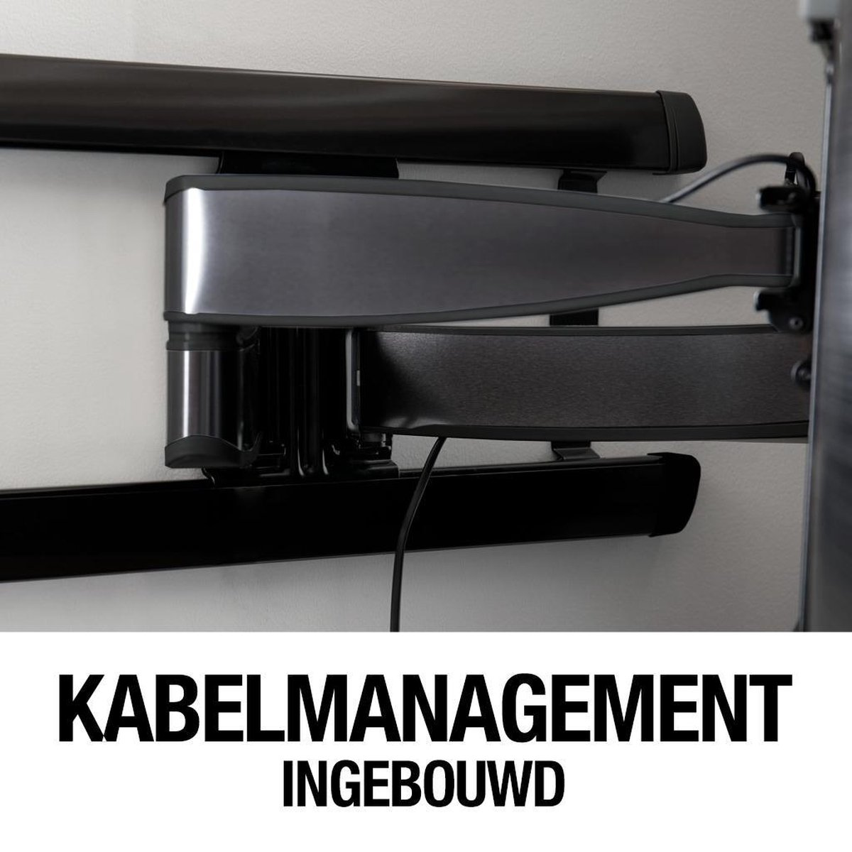 Black wall mount with articulated arm, holding a black cable.