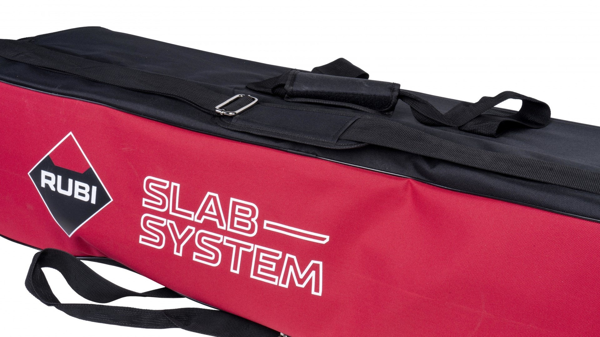 Rote und schwarze Tasche mit RUBI SLAB SYSTEM Logo und Tragegriffen.