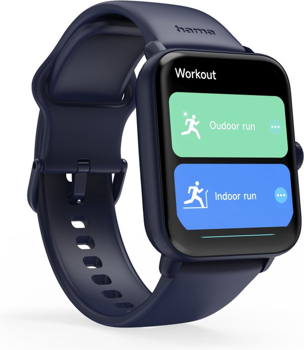 Smartwatch blu scuro mostra schermata allenamento con opzioni corsa all'aperto/al chiuso.