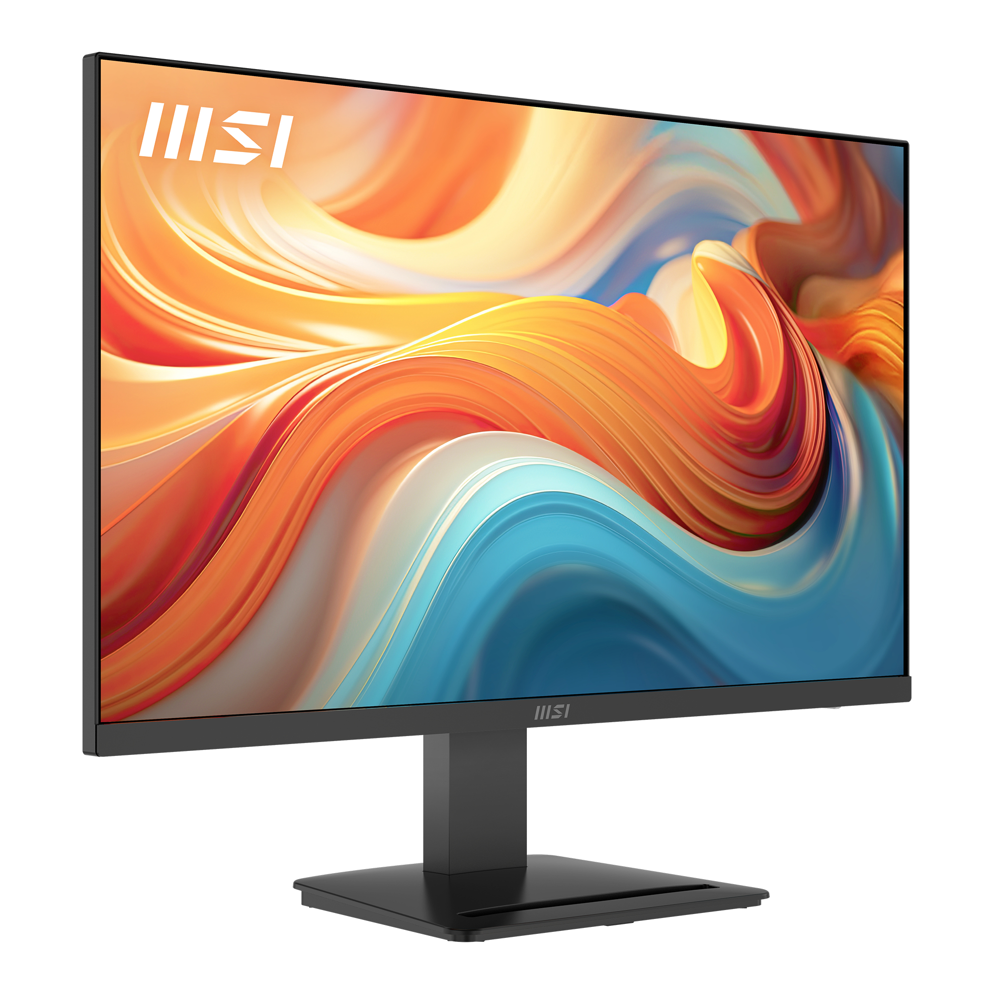 Un monitor MSI nero visualizza uno sfondo astratto e colorato.