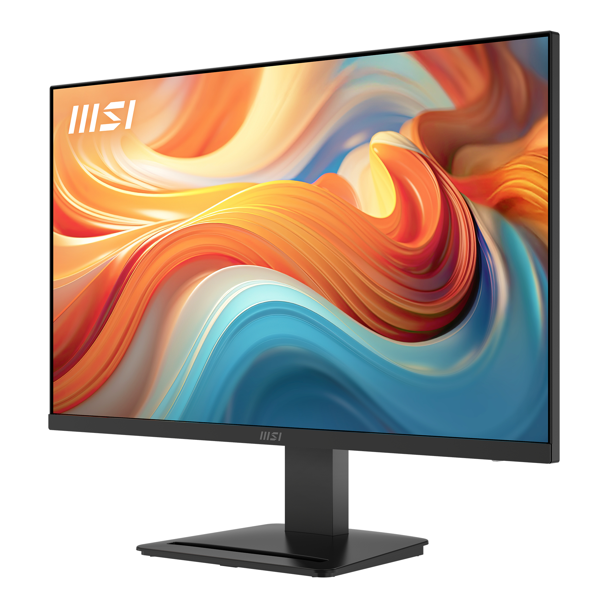 Un monitor nero mostra uno sfondo astratto e vibrante nei toni dell'arancione e del blu.