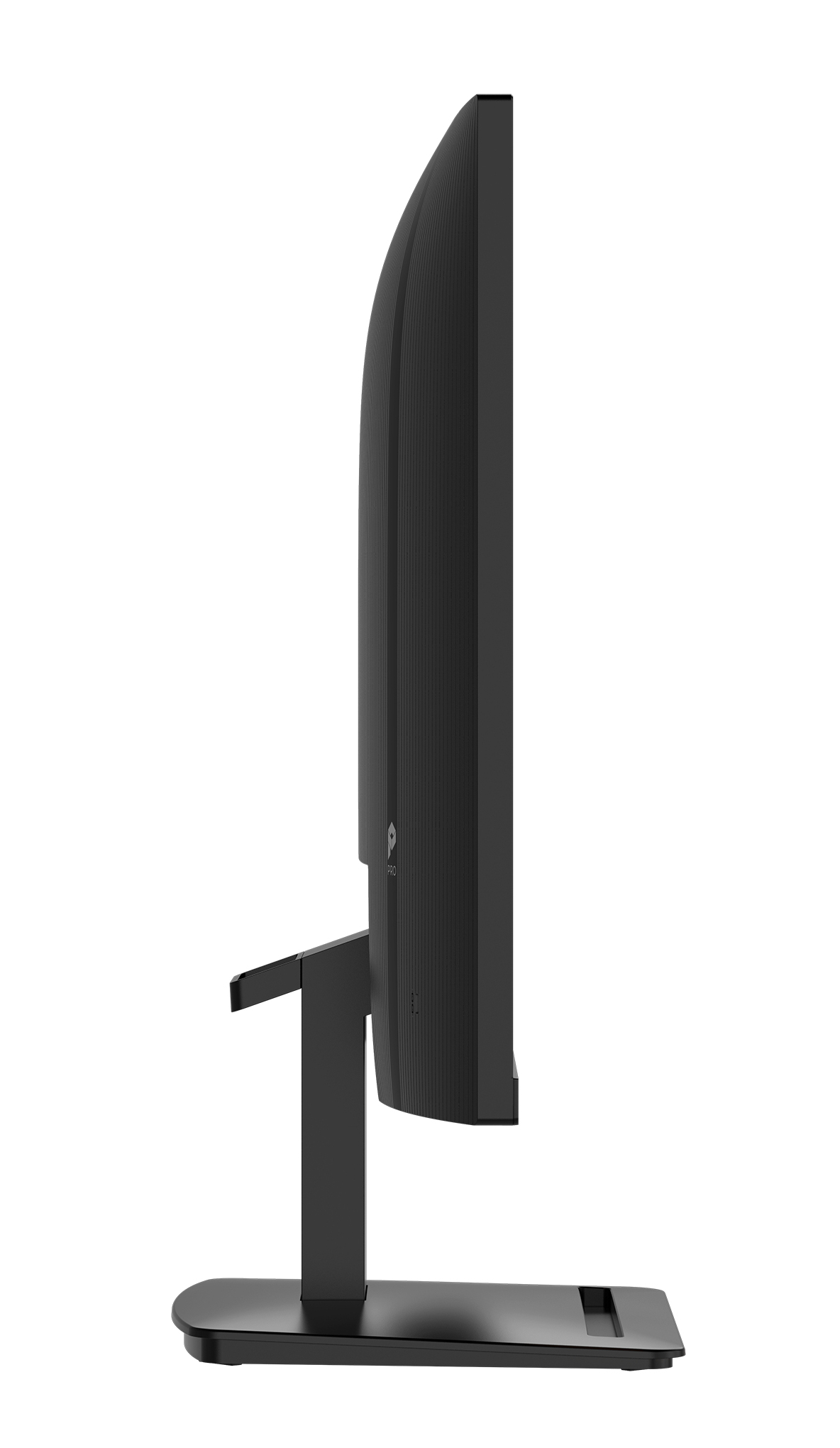Monitor nero visto di lato, con scocca scanalata e supporto sottile.